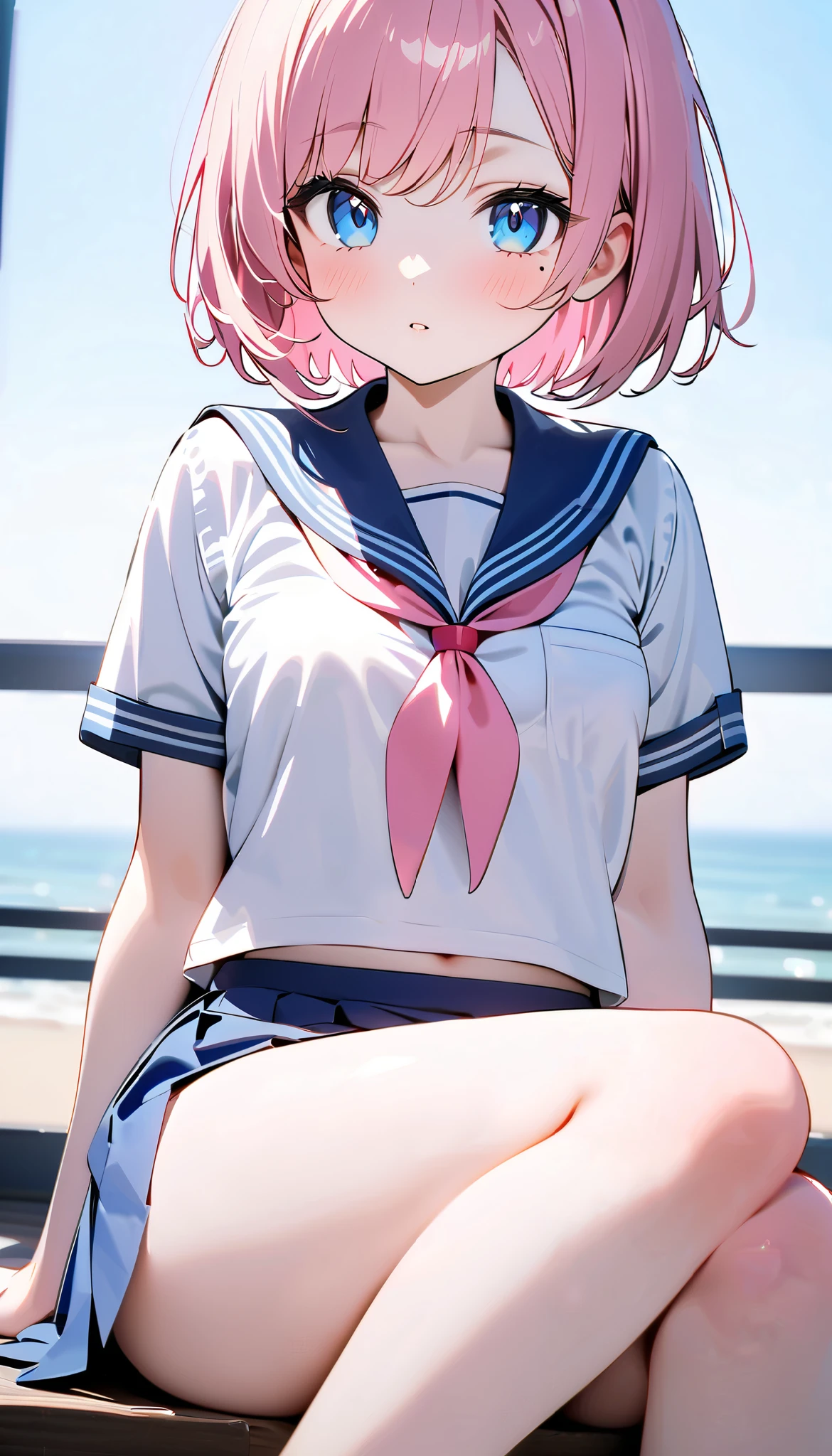 (1 girl),(Best Picture Quality, 8K, Masterpiece:1.3), (high school student:1.5), ((pink lob hair:1.1)), (bob cut),(swept bangs), (cute eyes, pupil black, iris skyblue, youthful face), (mole under right eye), (standard weight), (small breasts),(big hip), (glistening skin:1.1),(pale skin:1.2),(sitting),((serafuku, white sailor short sleeve simple shirt, darkblue skirt, darkblue sailor collar, pink ribbon)),(leg close-up),(from below)