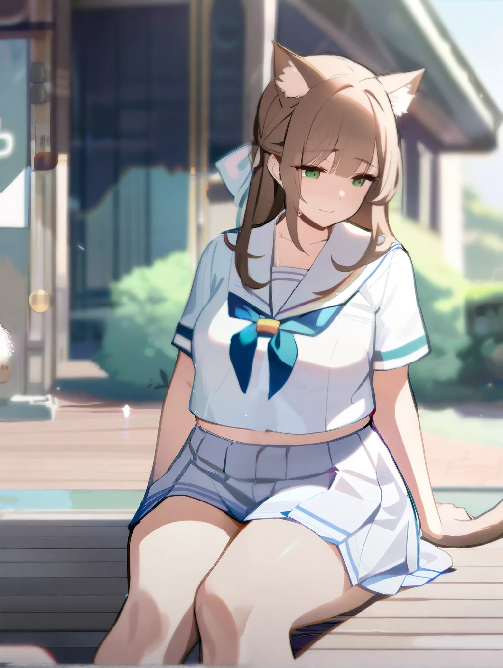 masterpiece, best quality, high quality, beautiful anime character, solo, anime girl with brown hair, soft hair, long hair, blue eyes, cat ears, big breasts, mature female, tall female, big girl, thick, (calming face, light smile, loving eyes), outdoors, (sailor uniform, pleated skirt, ribbon), short sleeves, cat tail, navel, legs, 