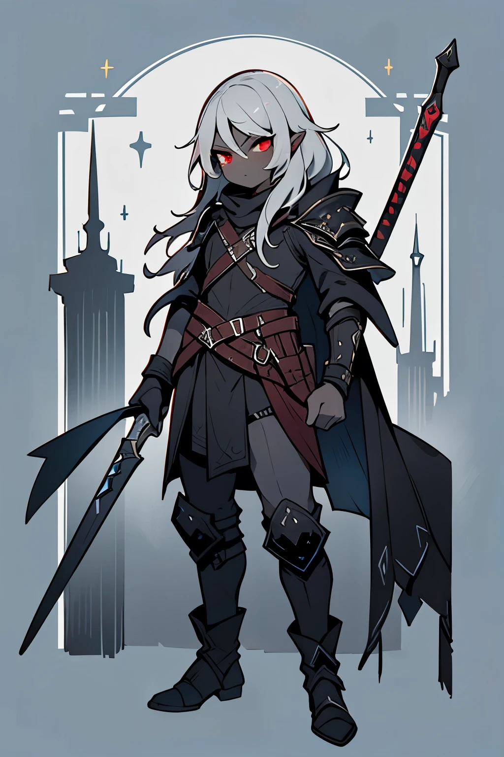 cel shading, fullbody, (((dark gray skin color))), solo assassin drow boy, fantasy assassin clothes, drow, vibrant red eyes, (((dark gray skin color))), ager, 1.65 meters heigth, long white hair, black clothes, masterpiece, dinamic, dinamic pose, dinamic composition, rpg