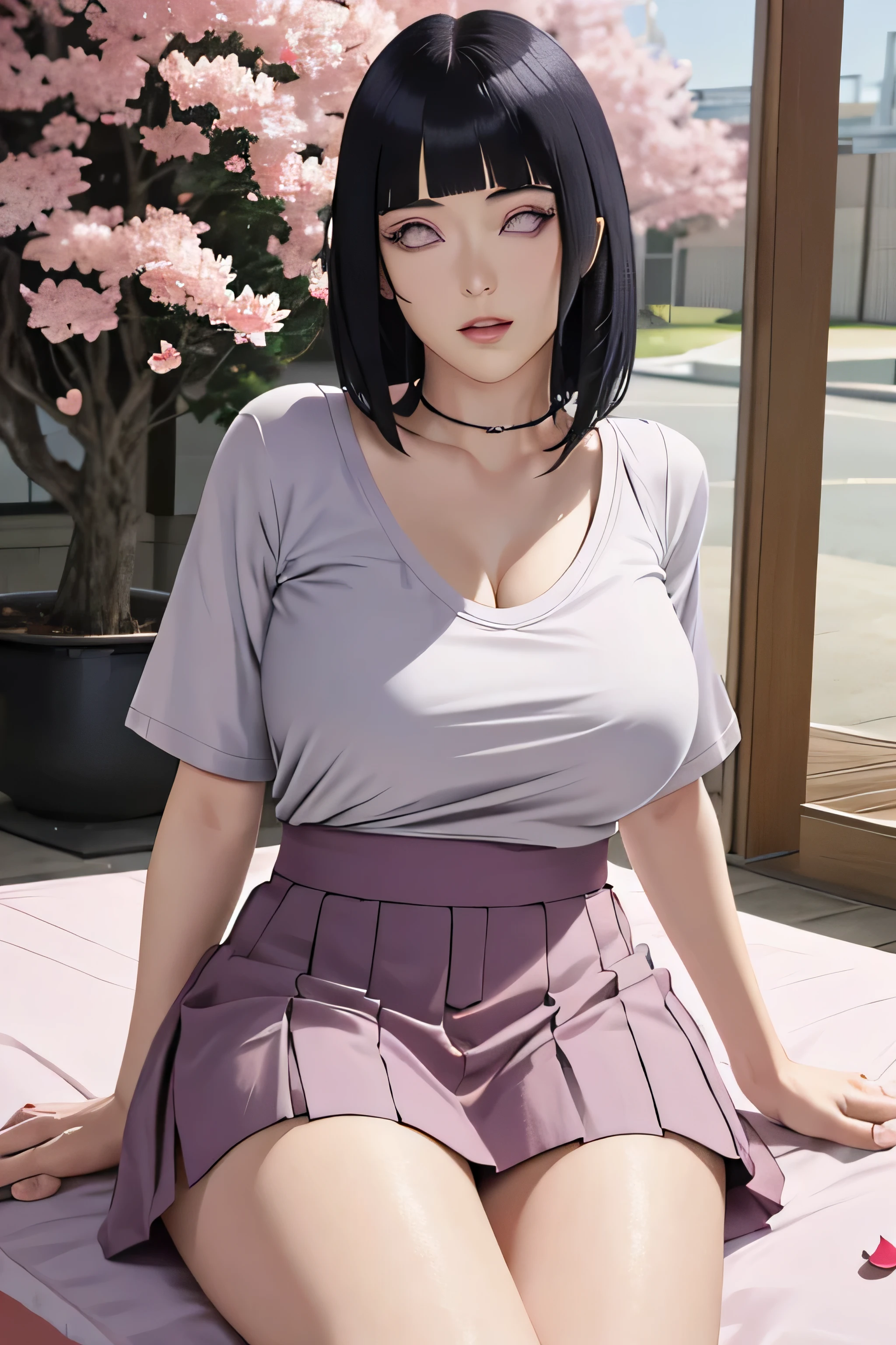  ((huge tits))masterpiece, absurdres, hinata\(boruto\), 1girl, ((sexy mini college skirt))solo,mature female, off-shoulder oversized shirt, looking at viewer, (falling petals), perfect composition, detailed lips, beautiful face, body propotion, blush, (pink lips), long hair,  purple eyes,  soft gaze,  super realistic, detailed, photoshoot, realistic face and body, side view,sexual expresion,seductive expresion