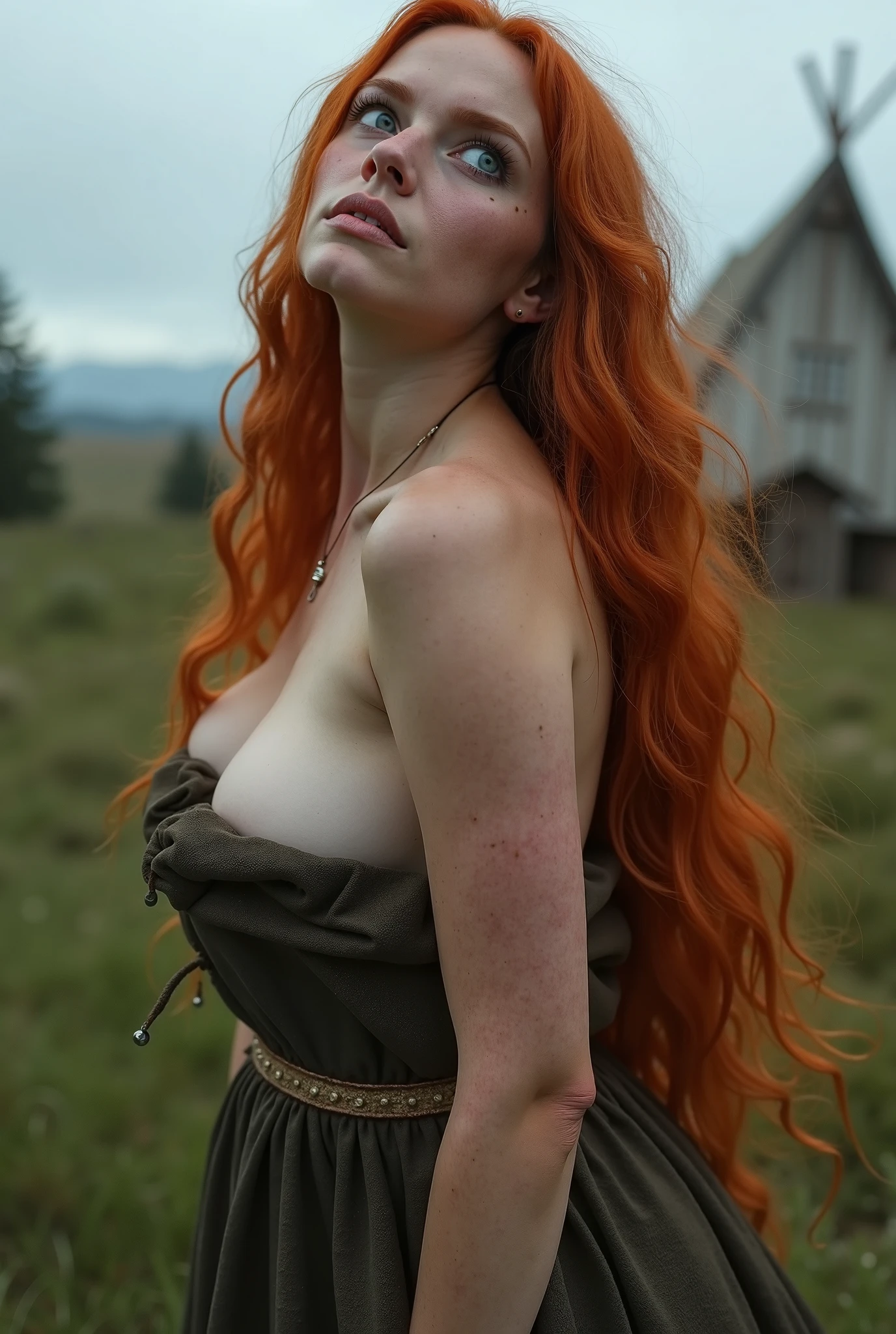 Angle, from above, RAW, 1 girl, solo, Ukrainian woman, full body, (top quality, masterpiece, absurd: 1.2), front view, perfect face, very delicate and beautiful, fine-grained skin texture, lively and shiny skin, (big breasts: 1.3), (constriction: 1.2), huge ass, full body shot, red long hair, fangs, yellow eyes, big breasts, pubic hair, necklace, leather clothes, wearing the garterbelt (realistic background), (in the upper exterior part of an old castle), (night), crows, moon, raining, dense forest, (high quality), best quality, highly detailed, looking at viewer