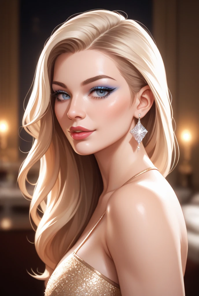 a beautiful elegant woman, detailed portrait of a woman with stunning face, beautiful shiny hair, strapless silk dress with intricate patterns, confident expression, majestic hall background, sparkling ornaments, long pearl earrings, best quality, ultra high resolution, super detailed, best CG, best work of art, super precision art, amazing drawing art, detailed description, woman:1.6, beautiful and well-shaped face:1.7, strapless silk dress with intricate patterns:1.5, shiny and luxurious  white hair:1.6, make:1.6, sparkling ornaments:1.3,big saggy breasts ,blue eyes,red lipstick 