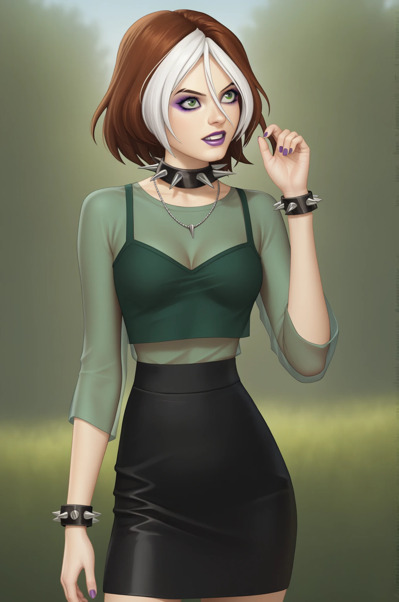source _ cartoon, score_9, score_8_arriba, score_7_arriba, score_6_arriba, score_5_arriba, score_4_arriba, BREAK, a girl, a girl, rogue, to wonder, multicolored hair , brown hair , white hair, Lápiz labial morado , Sombra de ojos morada, green eyes, transparent shirt, skirt, spiked necklace , spiked bracelets , modeling pose ,(big fat body), (clothes that fit your big).