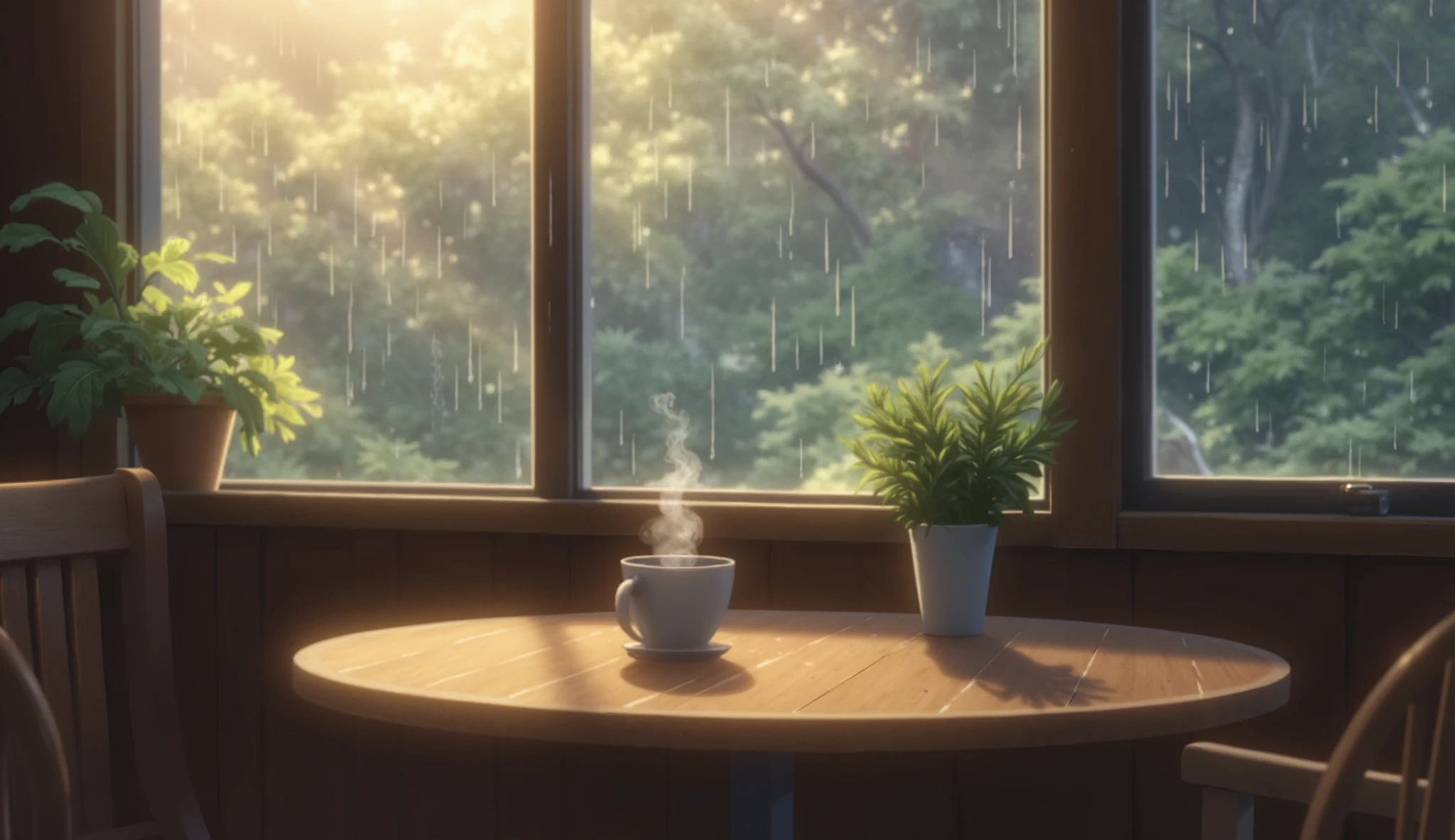 A cozy café on a rainy afternoon, in the style of Makoto Shinkai. Raindrops slide down the window as soft light fills the warm interior. A steaming cup of coffee sits on the table, its aroma blending with the gentle hum of the rain. A tranquil, nostalgic atmosphere, enhanced by a soft color palette. Ultra high-resolution (8K), cinematic, hyper-detailed, anime-inspired.