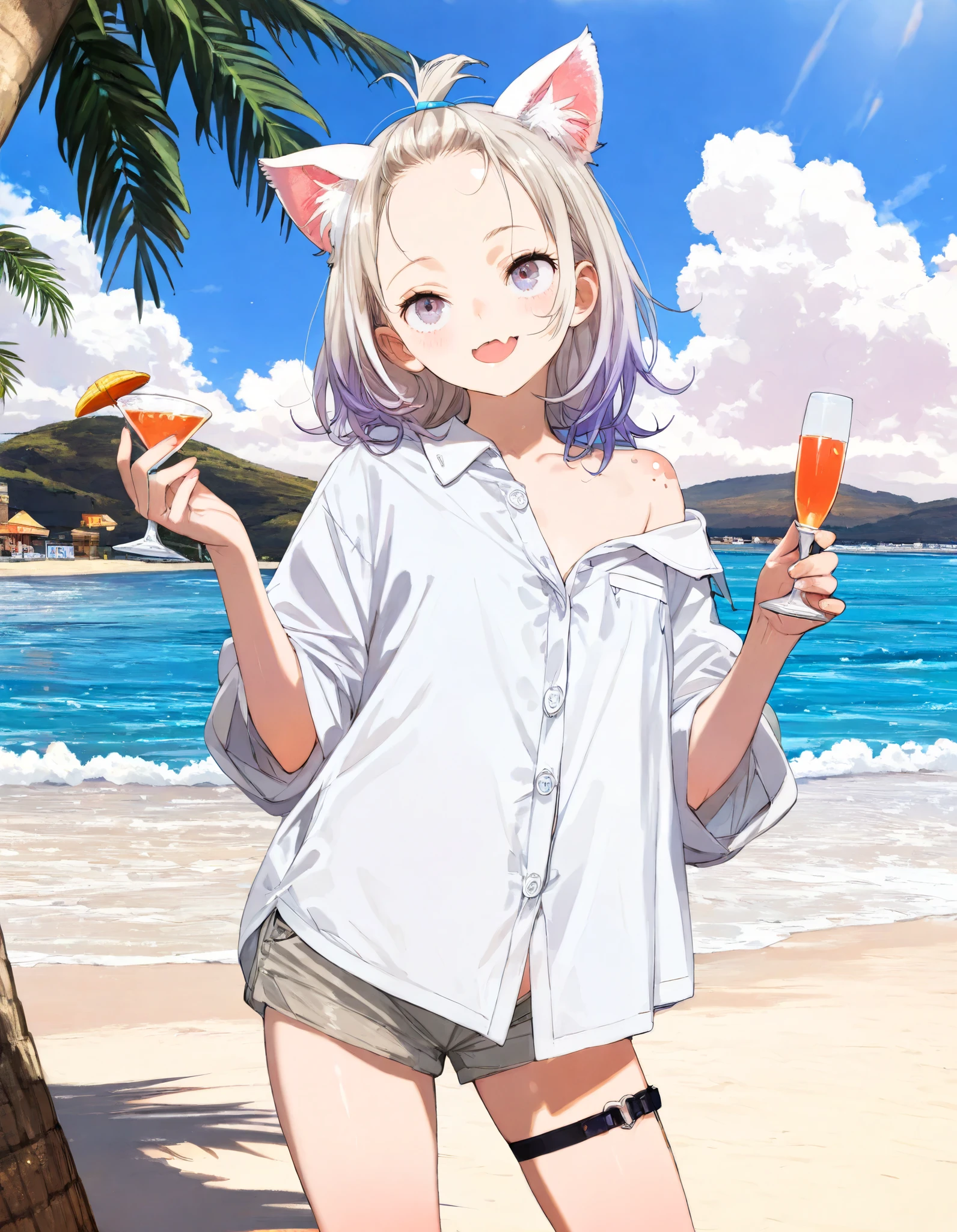 ((toi8 style)), ((Masterpiece)), ((best quality)), (8K), (wide shot), cinematic lighting, (detailed background:1.2), (super detail:1.2),(High Definition:1.3), (Professional Photography:1.2), (very aesthetic:1.2), (absurdres:1.2), (sharp focus), ((1girl)), age Girl, (Textured skin), (Realistic skin), (pale purple eyes, gradient eyes, upturned eyes), (platinum-gold hair), (bangs pinned back, cute forehead), gradient hair, blue color Hair Tip, (medium hair), small breast, (Healthy Gaunt body), (open mouth wide, skin fang), seductive smile, blush, (cute cheeks), glossy lips, pouty lips, (lower eyelashes), (tilt head), put on cat ears, BREAK, ((Oversized loose buttoned shirt, shirt overhang, collared shirt)), (bare left shoulder, slightly exposed small chest), gray shorts, (Ethnic thigh_strap), ((Holding cocktail glass in right hand)), ((contrapposto, legs apart)), outside the Resort beach, Silhouette of palm tree, sunnyday, toi8 style