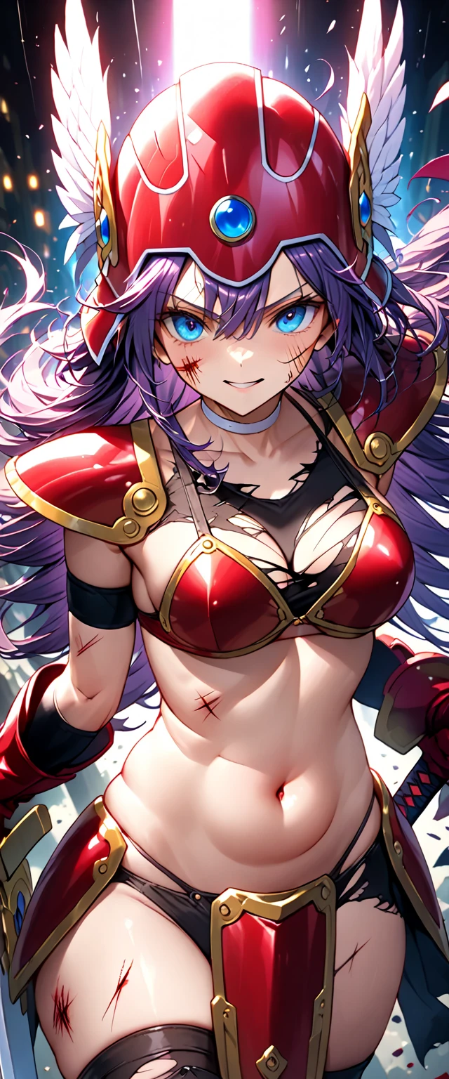 (masterpiece, Highest quality:1.2),Warrior \(dq3\), One girl, Red Armor, Long Hair, Curly Hair, Purple Hair, blue eyes, gloves, Loincloth, Winged Helmet, Red Armor, Holding a sword and a broken iron shield, (Brunette Messy Hair), (Crying face:1.3),(tears, Blood, Bruises on the face or body, Physical injuries, Damaged),Broken Costume,Thigh injury,Get down on one knee、Anime depiction、Being in the swamp、((Crucifixion:1.5))、Hands restrained、Wound on chest、Wound on arm、Wound on the belly、wound on leg、Blood coming from multiple wounds、Volcanic eruption in the background、armor is broken、Foot ring broken、Both hands tied with a rope。