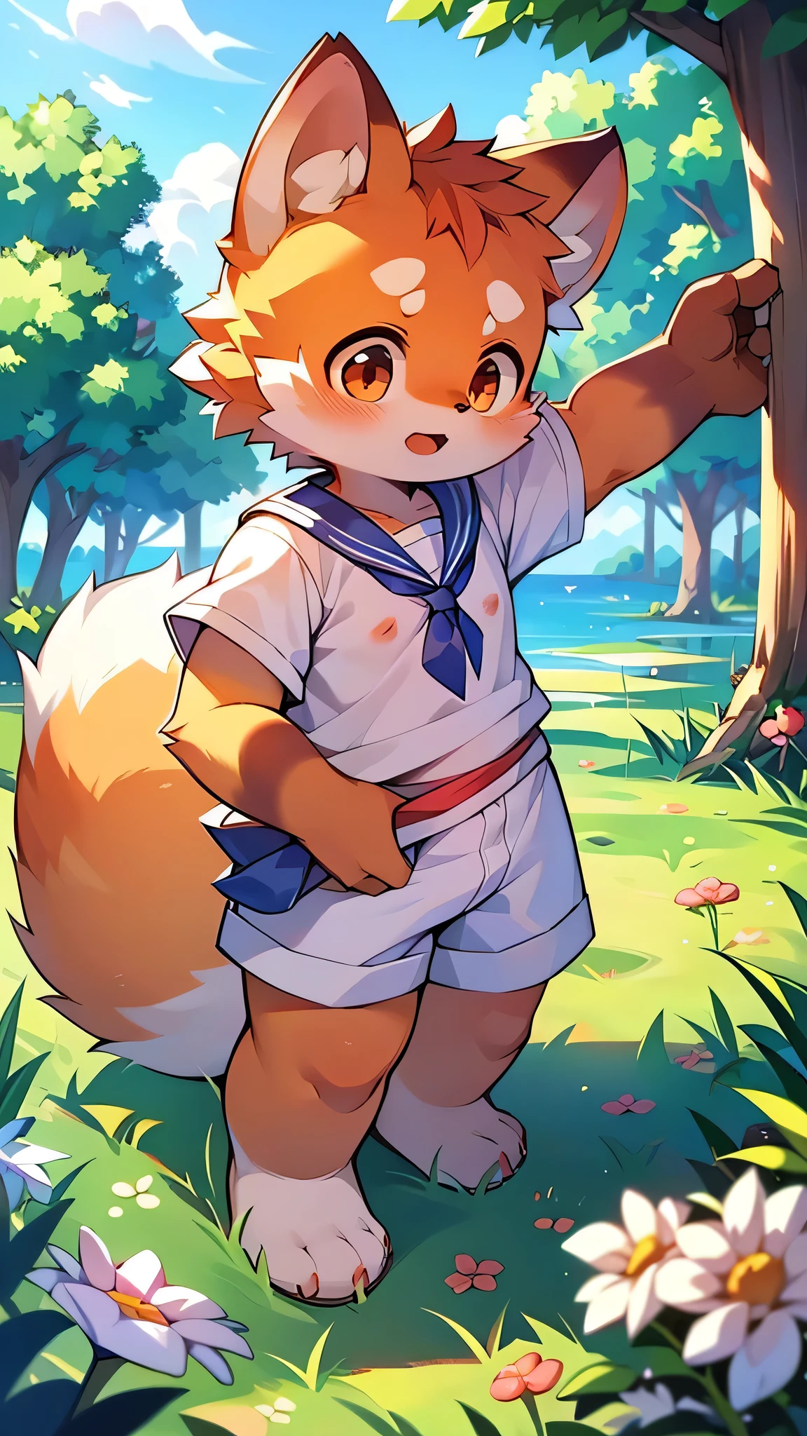 Red Panda Boy,Characteristics of Sailor Suits,super high quality,Very detailed,High resolution,Cute art style in anime,Rice field scenery,:tall stature,pixiv Contest Winner,Official Art,furry animal with a tail,fur art,(Cheerful teenager,13 years old:1.3),alone,single,A man with a pretty face,