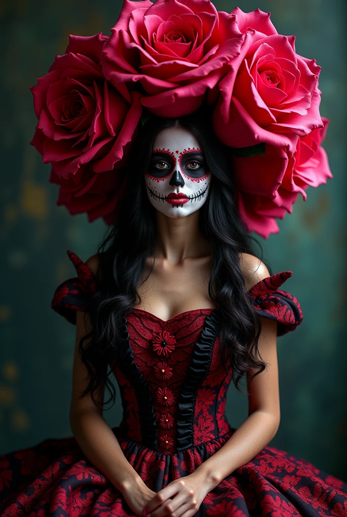 Photo shoot 1 beautiful sexy hot woman concept de los muertos makeup. And in a very beautiful studio full of dense flower decorations, sitting on a luxurious chair and there is a sign with the name Ridwangrapher