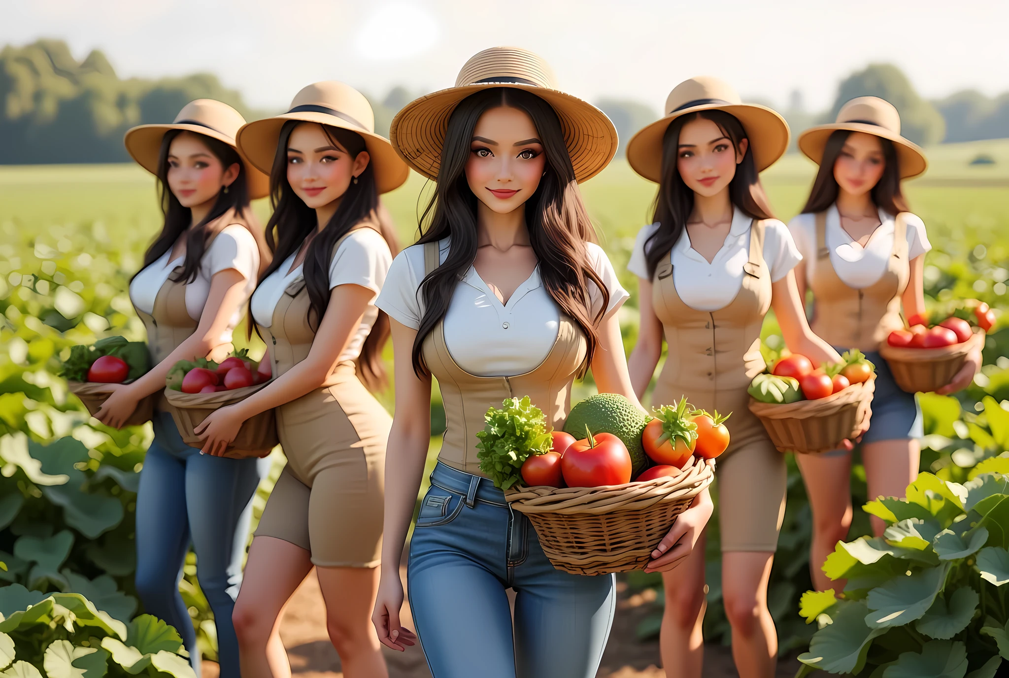 A symmetrically balanced wide angle image set of hardworking farmer girls. The scene features a lively, luscious, and shapely farmers bachelorettes with a blush and a smile, dressed in fully farmer worker outfit, shapely, holding loads of vegetables goods, harvesting vegetables, which are intricately highlighted. The image is centered with wide central leading lines, and the scenery is that of fertile farm vegetables land. The lighting is cinematic and soft, with the fullest depth of field. The women's hands are realistic with accurately depicted human fingers, and her hair is shiny. The overall style is that of best photography, with influences from Artstation, Deviantart, and Unreal Engine art. The image has a realistic upscale detailed 3D computer graphics feel, with elements of greenpunk artwork.(realistic lifelike texture depth).