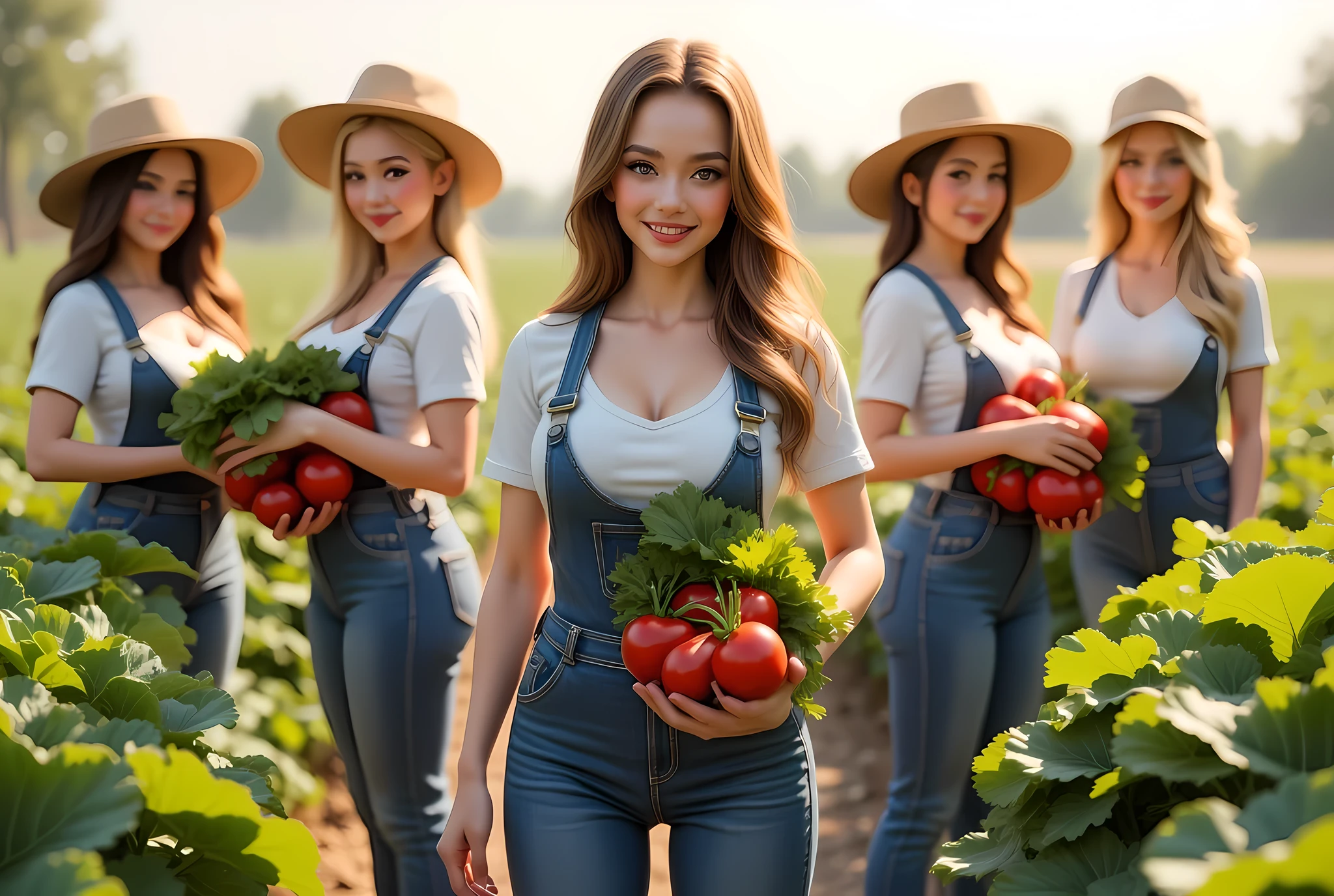 A symmetrically balanced wide angle image set of hardworking farmer girls. The scene features a lively, luscious, and shapely farmers bachelorettes with a blush and a smile, dressed in fully farmer worker outfit, shapely, holding loads of vegetables goods, harvesting vegetables, which are intricately highlighted. The image is centered with wide central leading lines, and the scenery is that of fertile farm vegetables land. The lighting is cinematic and soft, with the fullest depth of field. The women's hands are realistic with accurately depicted human fingers, and her hair is shiny. The overall style is that of best photography, with influences from Artstation, Deviantart, and Unreal Engine art. The image has a realistic upscale detailed 3D computer graphics feel, with elements of greenpunk artwork.(realistic lifelike texture depth).