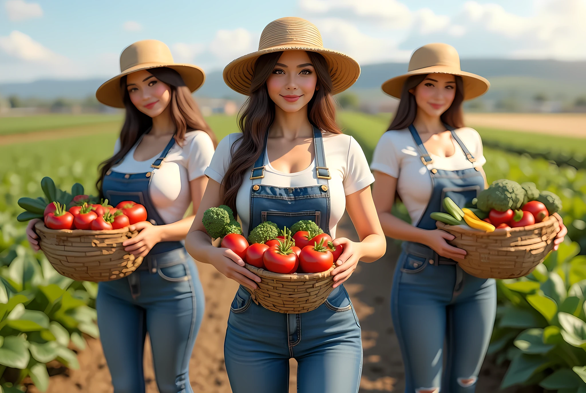 A symmetrically balanced wide angle image set of hardworking farmer girls. The scene features a lively, luscious, and shapely farmers bachelorettes with a blush and a smile, dressed in fully farmer worker outfit, shapely, holding loads of vegetables goods, harvesting vegetables, which are intricately highlighted. The image is centered with wide central leading lines, and the scenery is that of fertile farm vegetables land. The lighting is cinematic and soft, with the fullest depth of field. The women's hands are realistic with accurately depicted human fingers, and her hair is shiny. The overall style is that of best photography, with influences from Artstation, Deviantart, and Unreal Engine art. The image has a realistic upscale detailed 3D computer graphics feel, with elements of greenpunk artwork.(realistic lifelike texture depth).