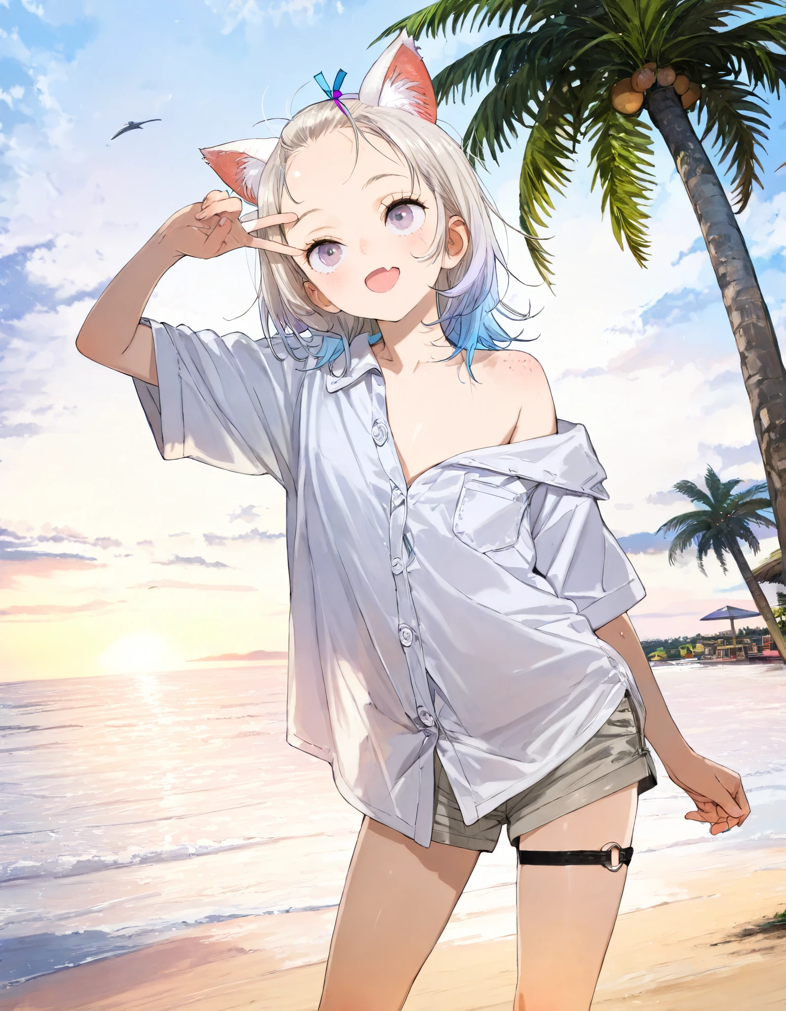 ((toi8 style)), ((Masterpiece)), ((best quality)), (8K), (wide shot), cinematic lighting, (detailed background:1.2), (super detail:1.2),(High Definition:1.3), (Professional Photography:1.2), (very aesthetic:1.2), (absurdres:1.2), (sharp focus), ((1girl)), age Girl, (Textured skin), (Realistic skin), (pale purple eyes, gradient eyes, upturned eyes), (platinum-gold hair), (bangs pinned back, cute forehead), gradient hair, blue color Hair Tip, (medium hair), small breast, (Healthy Gaunt body), (open mouth wide, skin fang), seductive smile, blush, (cute cheeks), glossy lips, pouty lips, (lower eyelashes), (tilt head), put on cat ears, BREAK, ((Oversized loose buttoned shirt, shirt overhang, collared shirt)), (bare left shoulder, slightly exposed small chest), gray shorts, (Ethnic thigh_strap), (V over eye), ((contrapposto, legs apart)), outside the Resort beach, Silhouette of palm tree, sunnyday, toi8 style