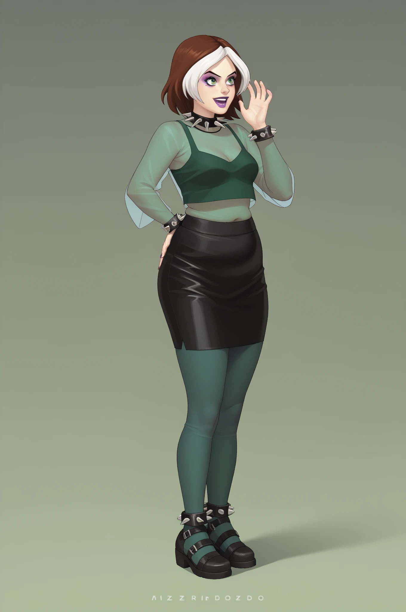 source _ cartoon, score_9, score_8_arriba, score_7_arriba, score_6_arriba, score_5_arriba, score_4_arriba, BREAK, a girl, a girl, rogue, to wonder, multicolored hair , brown hair , white hair, Lápiz labial morado , Sombra de ojos morada, green eyes, transparent shirt, skirt, spiked necklace , spiked bracelets , modeling pose , big fat body,