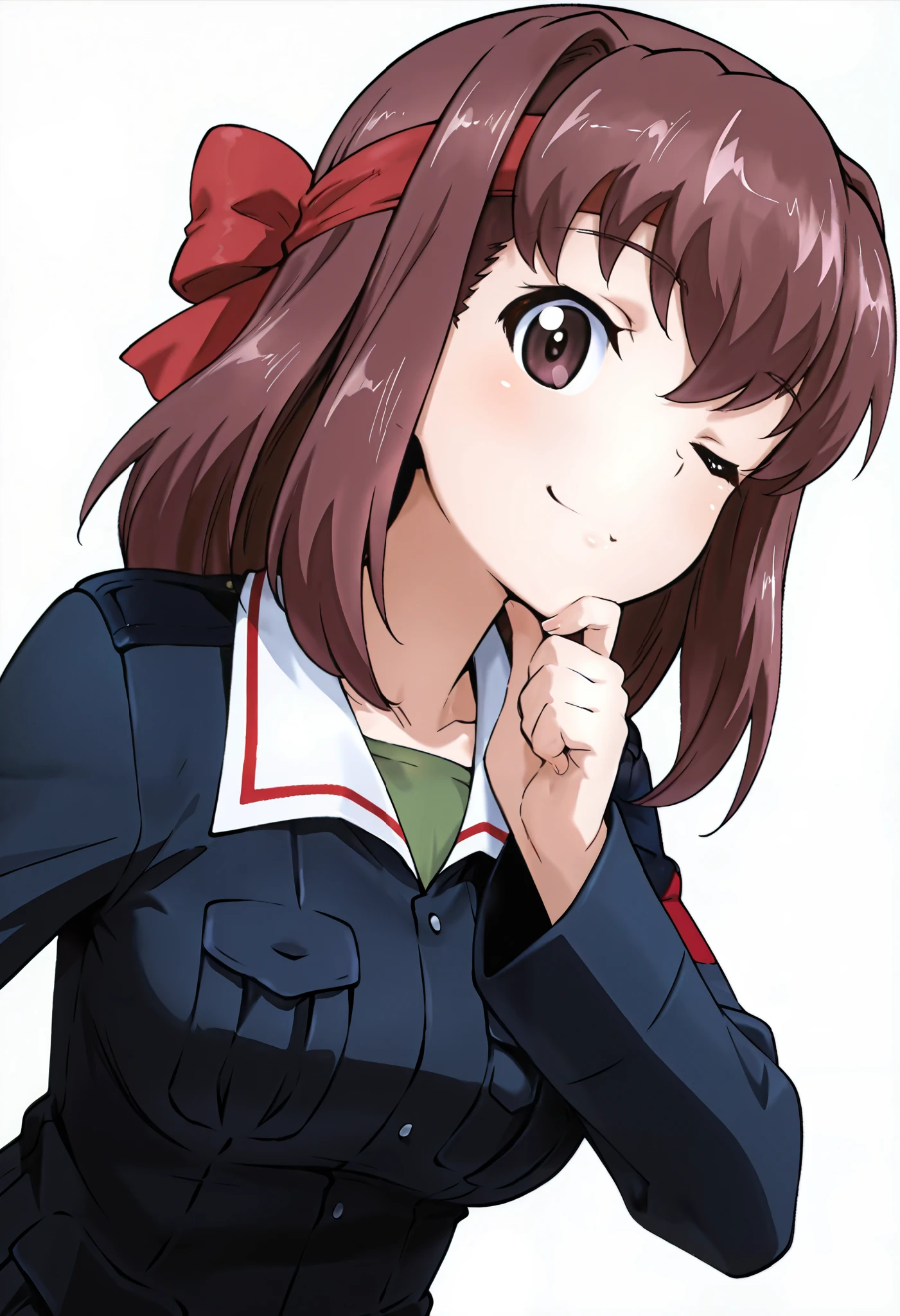 masterPiece, top quality, amazing quality,Alone, 1 girl,
Taeko,P_Gus , jacket , ロンGus リーブ , Oarai military uniform ,
accurately _in_viewer,uPPer_body,face_concentrated,dynamic_angle,cineminic_angle, place your finger on your chin, is laughing,light_, with one eye closed ,white_background,simPle_background,Profile,