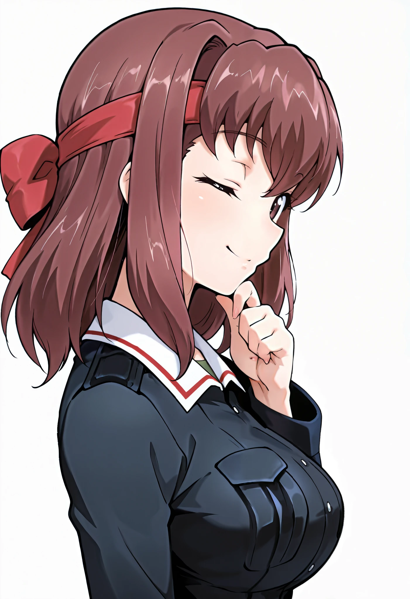 masterPiece, top quality, amazing quality,Alone, 1 girl,
Taeko,P_Gus , jacket , ロンGus リーブ , Oarai military uniform ,
accurately _in_viewer,uPPer_body,face_concentrated,dynamic_angle,cineminic_angle, place your finger on your chin, is laughing,light_, with one eye closed ,white_background,simPle_background,Profile,