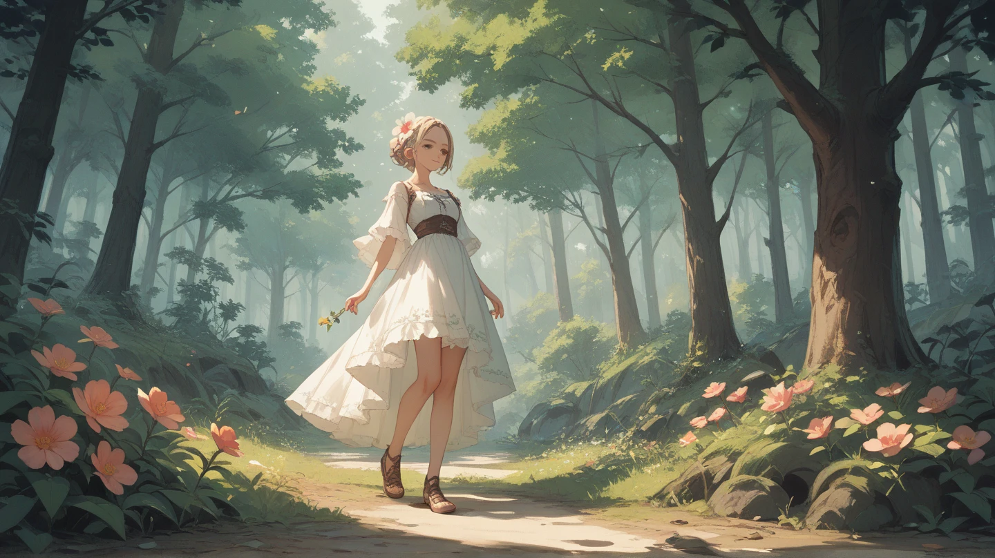 In the rain in the summer forest、Walking barefoot in a light summer sundress、A slender girl with a very beautiful and graceful face, Purple thunderstorm, In watercolor style, nude