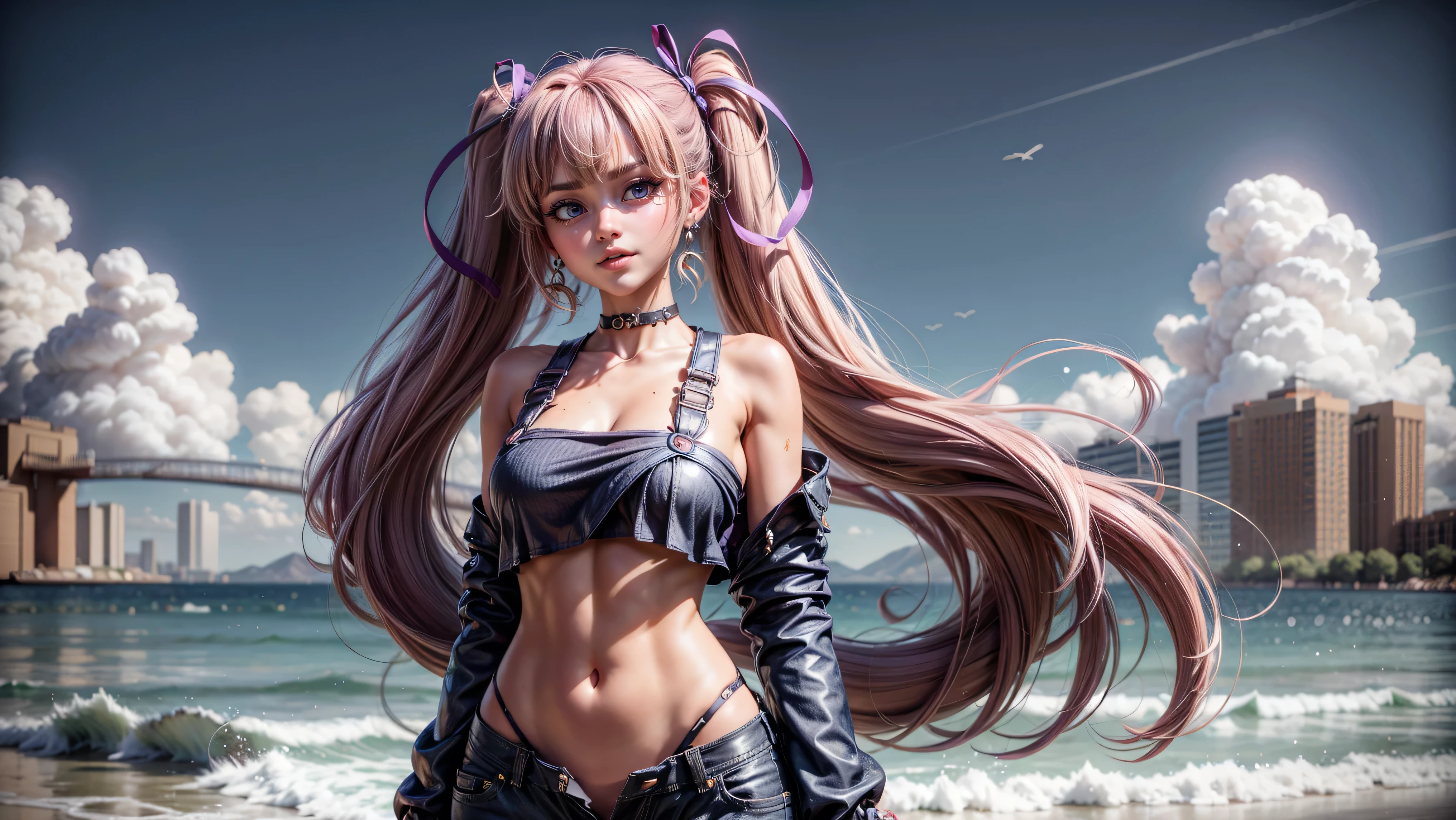 1girl, solo, cute girl, long hair, loose top, midriff, ((top loosely draped over her breasts)), underboob, looking at viewer, sexy, pants low on hips, ((unbuttoned pants)), cowboy shot, (full body portrait), beautiful lips, sexy mouth, ribbon, hair ribbon, bangs, upper body, blue eyed, bangs, ribbon, twin tails, piercings, sky background, intercity background,
