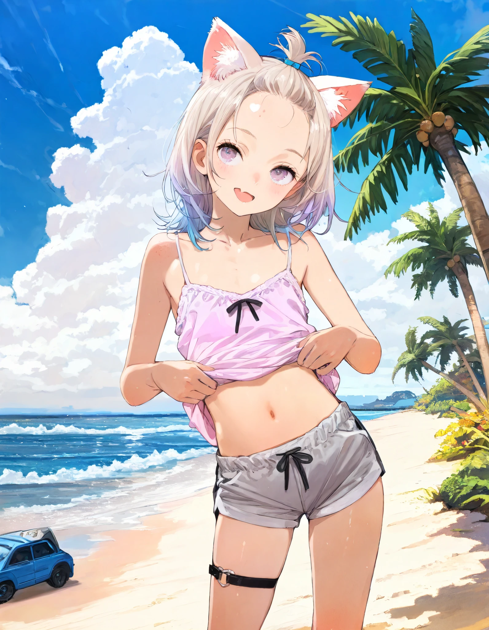((toi8 style)), ((Masterpiece)), ((best quality)), (8K), (wide shot), cinematic lighting, (detailed background:1.2), (super detail:1.2),(High Definition:1.3), (Professional Photography:1.2), (very aesthetic:1.2), (absurdres:1.2), (sharp focus), ((1girl)), age Girl, (Textured skin), (Realistic skin), (pale purple eyes, gradient eyes, upturned eyes), (platinum-gold hair), (bangs pinned back, cute forehead), gradient hair, blue color Hair Tip, (medium hair), small breast, (Healthy Gaunt body), (open mouth wide, skin fang), seductive smile, blush, (cute cheeks), glossy lips, pouty lips, (lower eyelashes), (tilt head), put on cat ears, beautiful collarbones, BREAK, ((Oversized thin camisole, pale pink camisole)), (slightly exposed small chest), gray shorts, (Ethnic thigh_strap), (lift up the camisole, lift by self, exposed cute navel), ((contrapposto, legs apart)), outside the Resort beach, Silhouette of palm tree, sunnyday, toi8 style