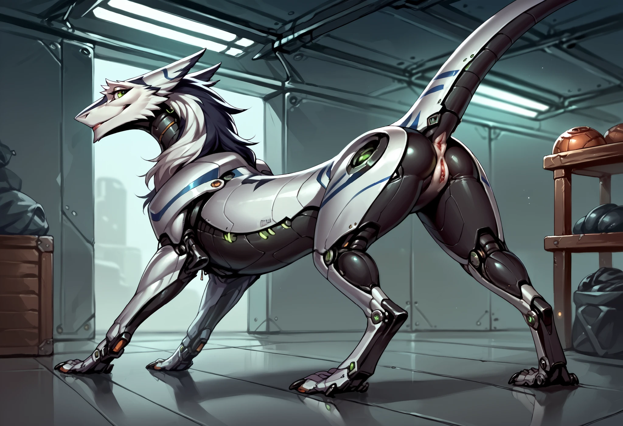 score_9, score_8_up, score_7_up, score_6_up, score_5_up, score_4_up, rating_explicit, feral big machine sergal, Synthetic leather, synthetic muscles, solo, robot, sci fi robot, android, living machine, quadruped, full body, feline pussy, white panelling, mechanic inspection, workshop interior, sci fi, looking at viewer, back view,blue and dark body, silver detailing, green lights, presenting,