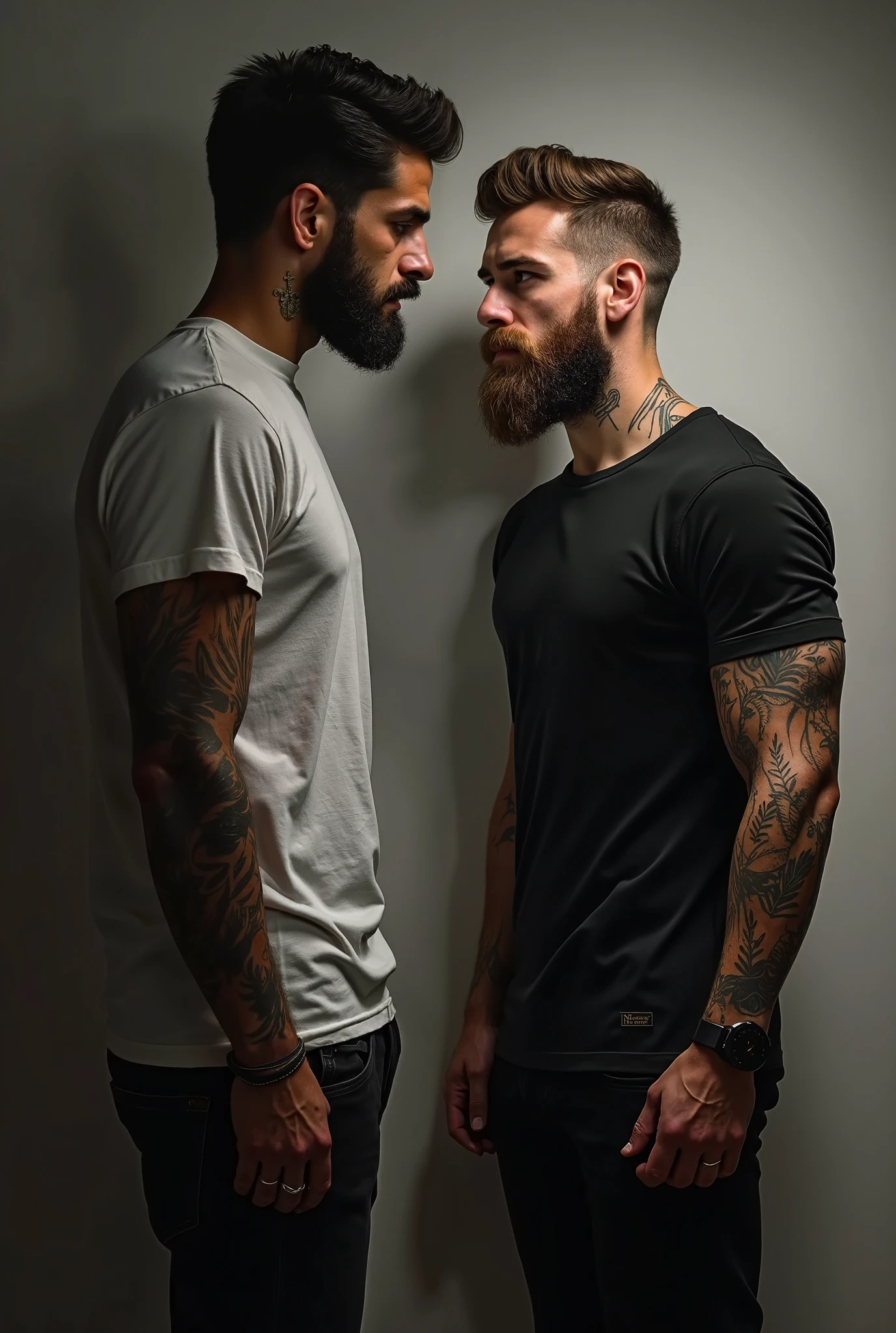 2 man, tatuados, brownhair, thinner beard, Selfie, Very realistic 
