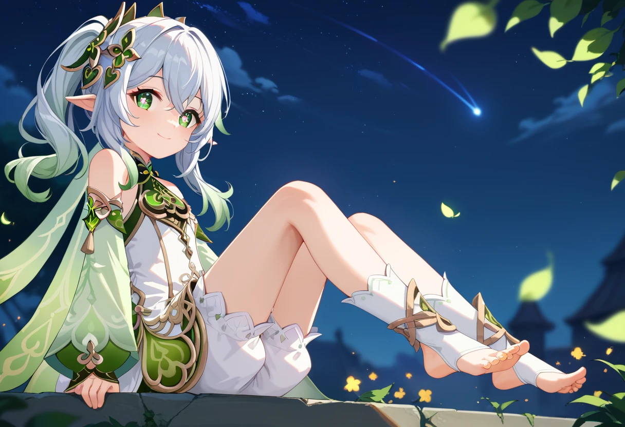 masterpiece, best quality, 1girl,((ultra detailed)),beautiful illustration,beautiful detailed eyes, (wallpaper),close-up,volumetric lighting,chibi,nahida \(genshin impact\)alternate outfit,cross-shaped pupils,white hair,multicolored hair, long hair flowing in the wind,hair ornament with white hair flowers,green eyes,symbol-shaped pupils,pointy ears, jewelry, detached sleeves,bracelet, white elbow gloves,toeless legwear,stepping into the scene,looking at viewer,(white lilies blooming inside a shiny white castle), starry nebula in the clear night sky, aurora,galaxy,constellation,star \(symbol\)balcony, golden pillars <lora:nahida:0.8>