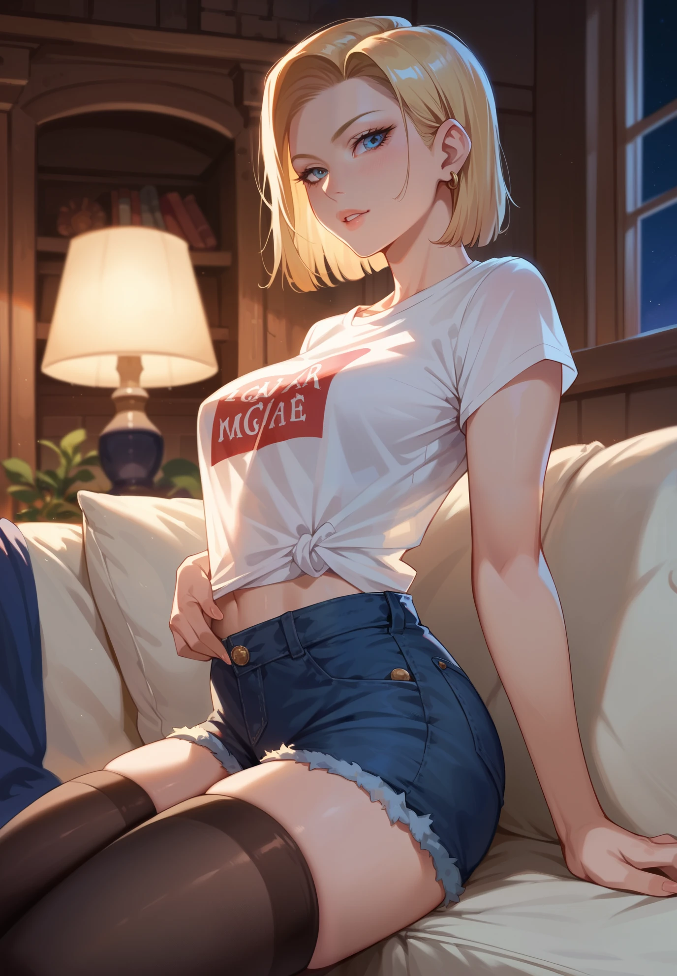 1girl, Android 18, sitting on a couch, t-shirt, silk shorts, thigh highs, sexy pose, lustful, BREAK, night time, mountain cottage, cinematic lighting,