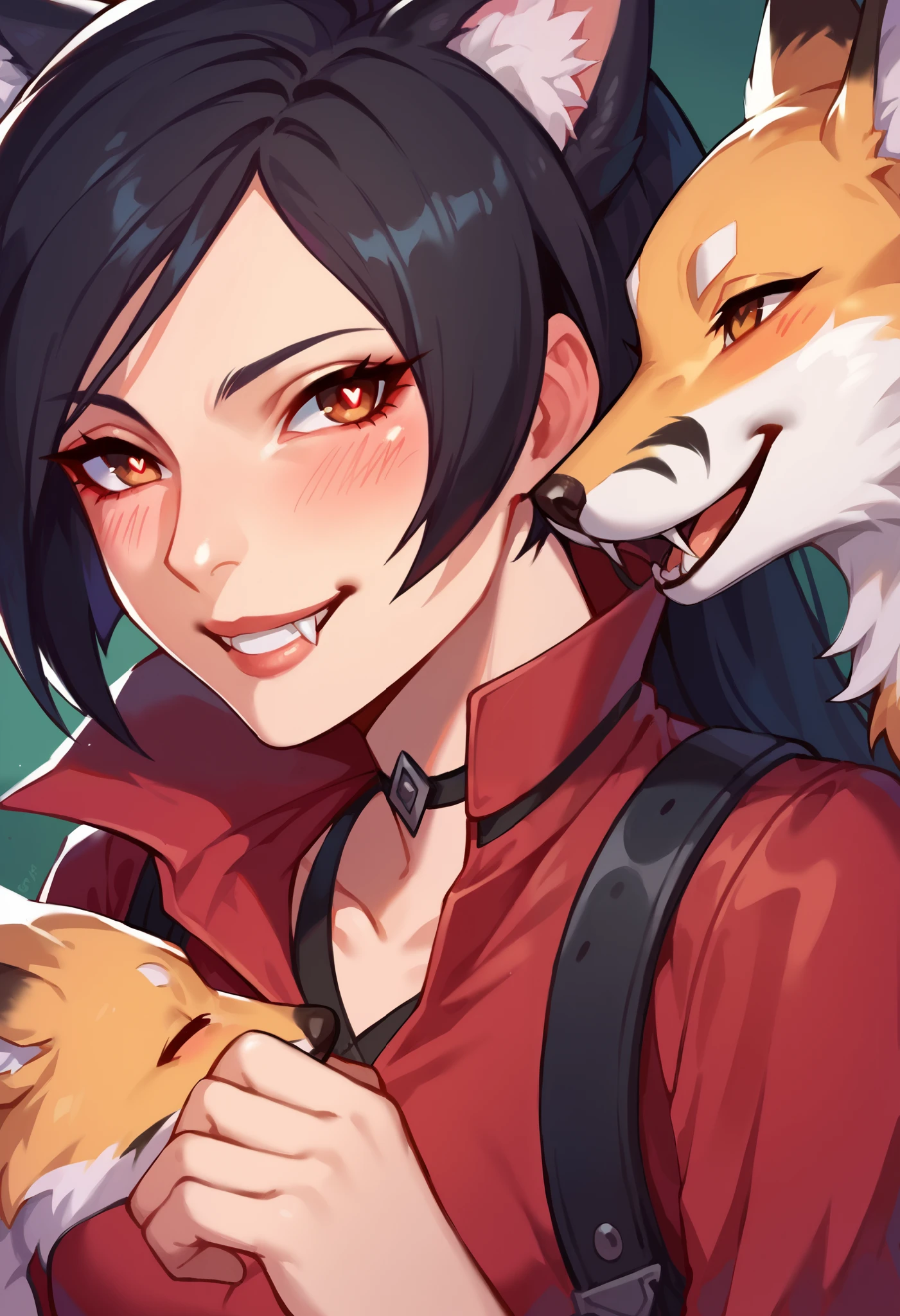 1girl, matured female, bow, best quality, detailed face, black hair, ((very long hair)), fanged bangs, sidelocks, blushing, red eyes, bright pupils, ada wong , shoulder length hair, black eyes, long lashes. Military clothes, fluffy fox tail, fox ears on head, smiling, fox girl, wagging tail, happy, army girl, red collared shirt, modest, cute.