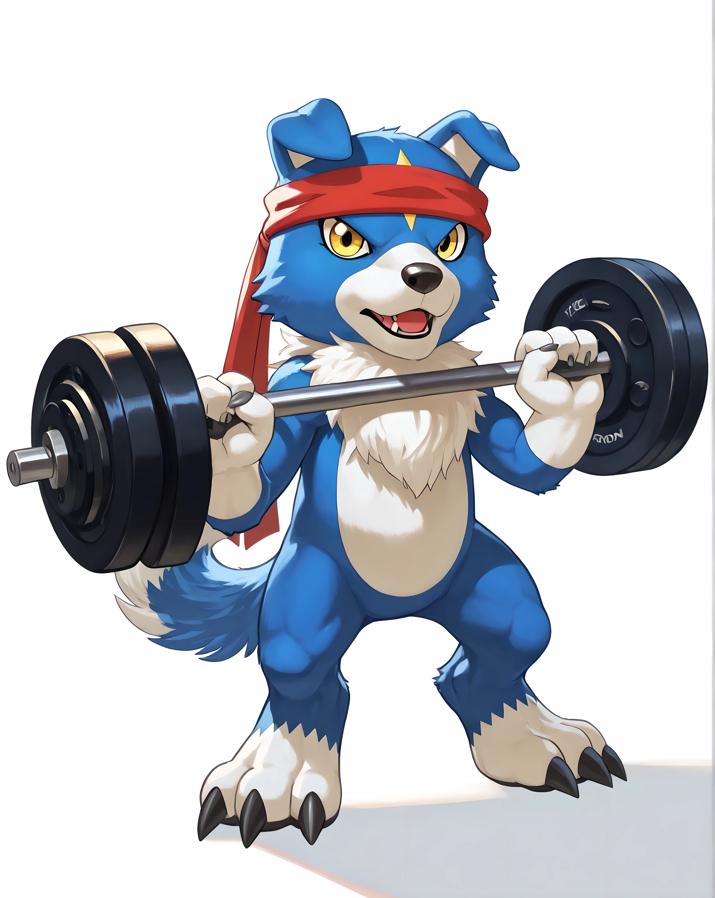 cartoon, gaomon (character), digimon (creature), dog boy, blue body, headband, yellow eyes, bare hands, white background, white floor, detailed, (cel shaded, flat colors):1.5, full body, flat color, confident, strong posture, wide stance, standing, front view, wide stance, looking at viewer, lifting weights, barbell