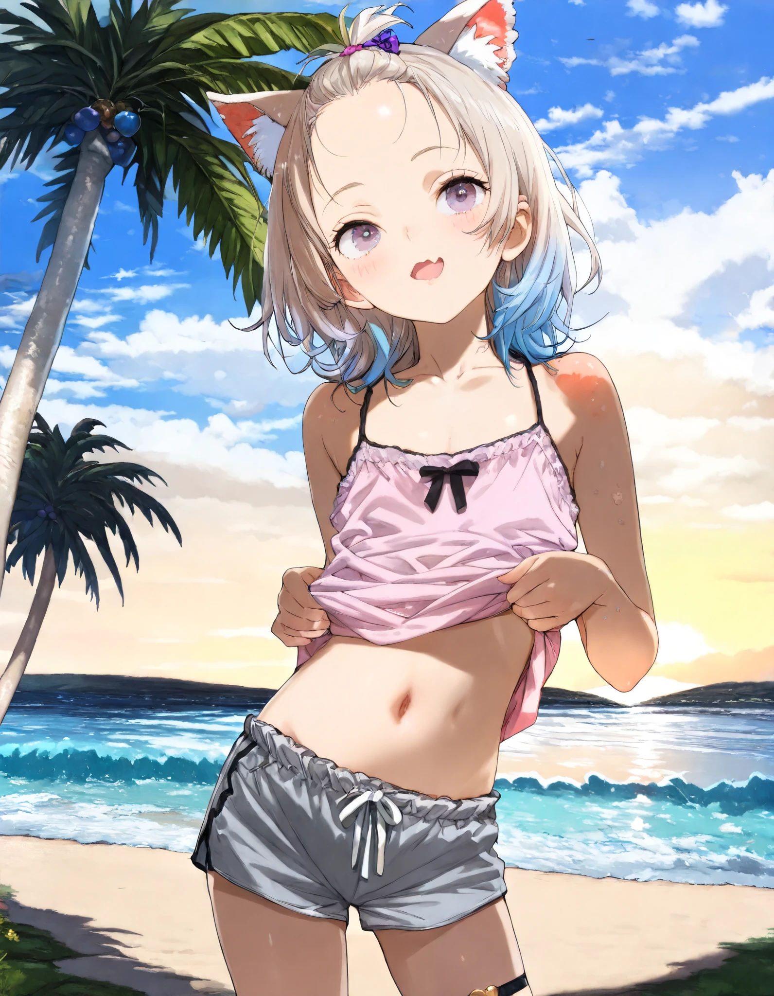 ((toi8 style)), ((Masterpiece)), ((best quality)), (8K), (wide shot, from side), cinematic lighting, (detailed background:1.2), (super detail:1.2),(High Definition:1.3), (Professional Photography:1.2), (very aesthetic:1.2), (absurdres:1.2), (sharp focus), ((1girl)), age Girl, (Textured skin), (Realistic skin), (pale purple eyes, gradient eyes, upturned eyes), (platinum-gold hair), (bangs pinned back, cute forehead), gradient hair, blue color Hair Tip, (medium hair), small breast, (Healthy Gaunt body), (open mouth wide, skin fang), seductive smile, blush, (cute cheeks), glossy lips, pouty lips, (lower eyelashes), (tilt head), put on cat ears, beautiful collarbones, BREAK, ((Oversized thin camisole, pale pink camisole)), (slightly exposed small chest), gray shorts, (Ethnic thigh_strap), (lift up the camisole, lift by self, exposed cute navel), ((contrapposto, legs apart)), outside the Resort beach, Silhouette of palm tree, sunnyday, toi8 style