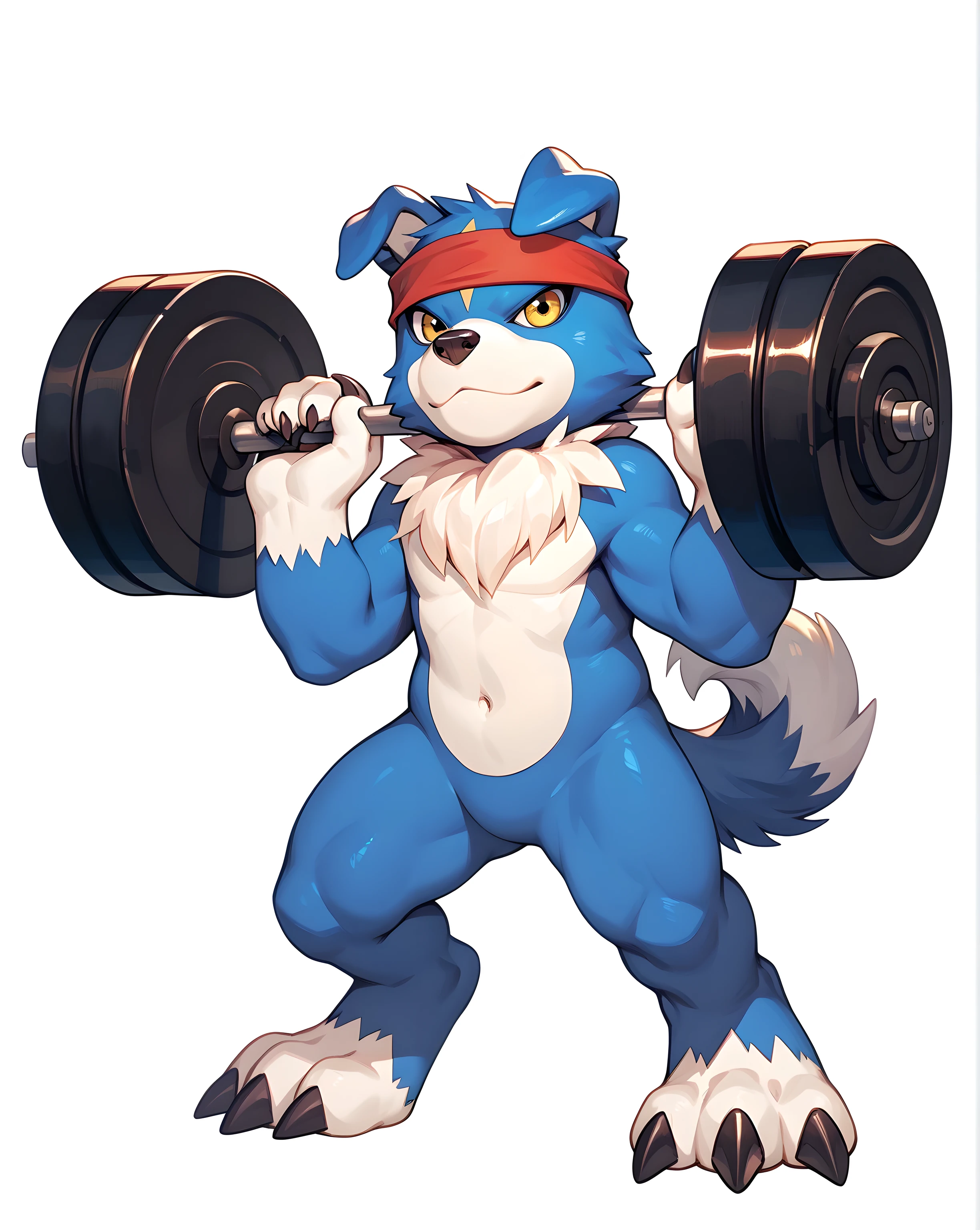 cartoon, gaomon (character), digimon (creature), dog boy, blue body, headband, yellow eyes, bare hands, white background, white floor, detailed, flat color, confident, strong posture, wide stance, standing, front view, looking at viewer, lifting weights, barbell
