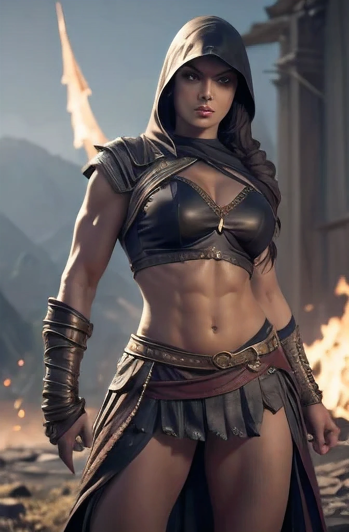 (best quality,4k,high-res,masterpiece:1.2),physically-based rendering,ultra-detailed,realistic,vivid colors,sharp focus,studio lighting,HDR,bokeh,Kassandra,Cassandra,Alexios,Greece,ancient Greece,fantasy,action-adventure game,mythology,fierce warrior,assassin,creed,lethal,stealthy,confident,beautiful,dangerous,silent steps,leap of faith,hidden blade,hooded cloak,swirling mist,free-running,weaponry,dual-wielded daggers,intense stare,expression,seductive gaze,piercing eyes,mesmerizing,atlantic blue eyes,long eyelashes,luscious,plump lips,ruby red lips,prominent cheekbones,chiseled jawline,sculpted face,olive skin,bruises,battle scars,tattoos,body art,fit physique,toned muscles,exquisite curves,spellbinding,provocative attire,leather armor,exposed skin,sensual,alluring,steamy,erotic,unpredictability,powerful aura,dark background,shadowy setting,mysterious ambiance,soft candlelight,golden hour,moonlit night,starry sky,ominous moon,omnipotent presence,playful,temptress,deadly charm,legendary figure,heroine,empowered,defiant,mythical beauty,unstoppable force,unforgettable,embodying strength and allure.