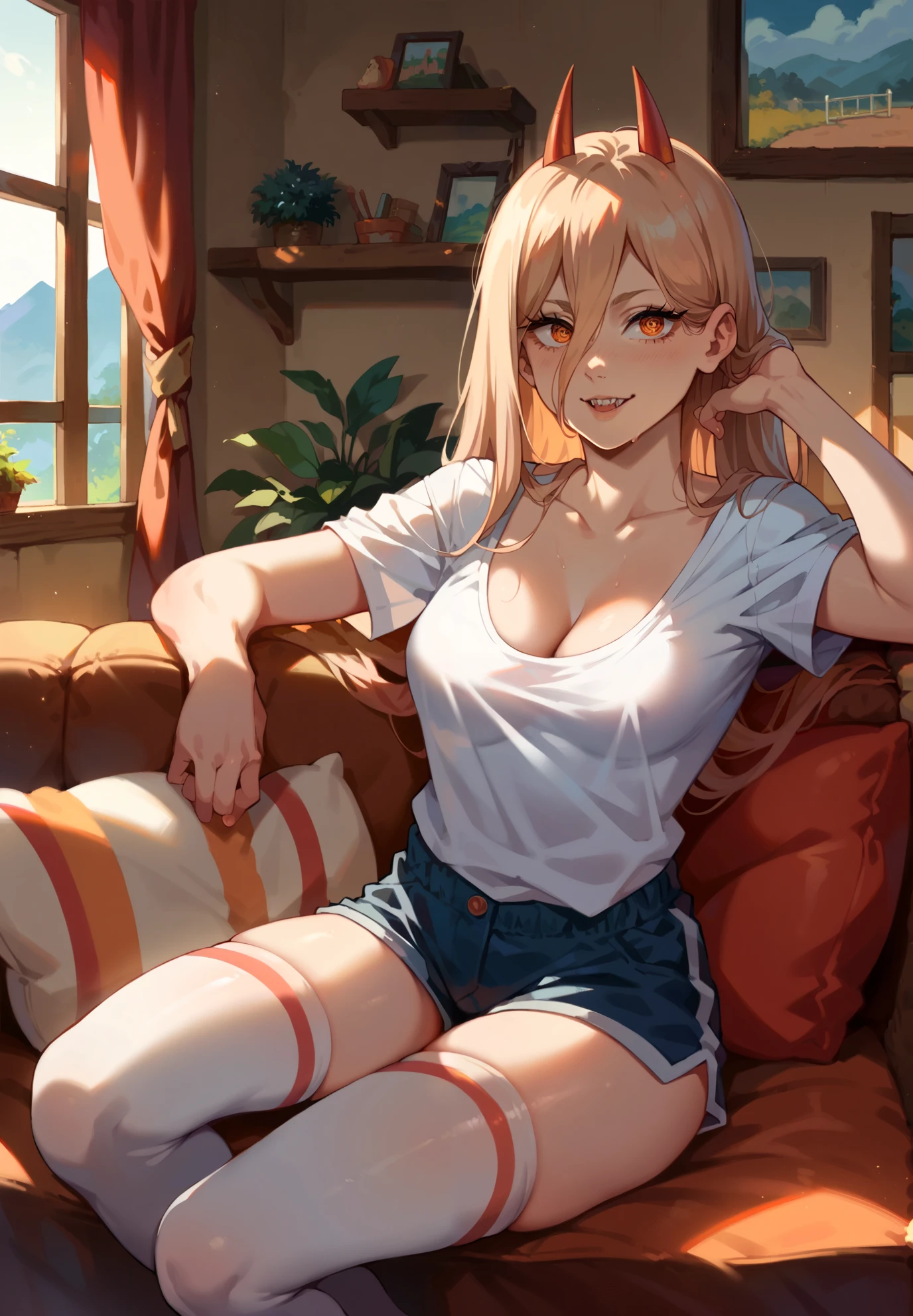 1girl, Power from Chainsaw Man, sitting on a couch, t-shirt, cleavage, silk shorts, thigh highs, naturally sagging breasts, sexy pose, lustful, BREAK, night time, mountain cottage, cinematic lighting,