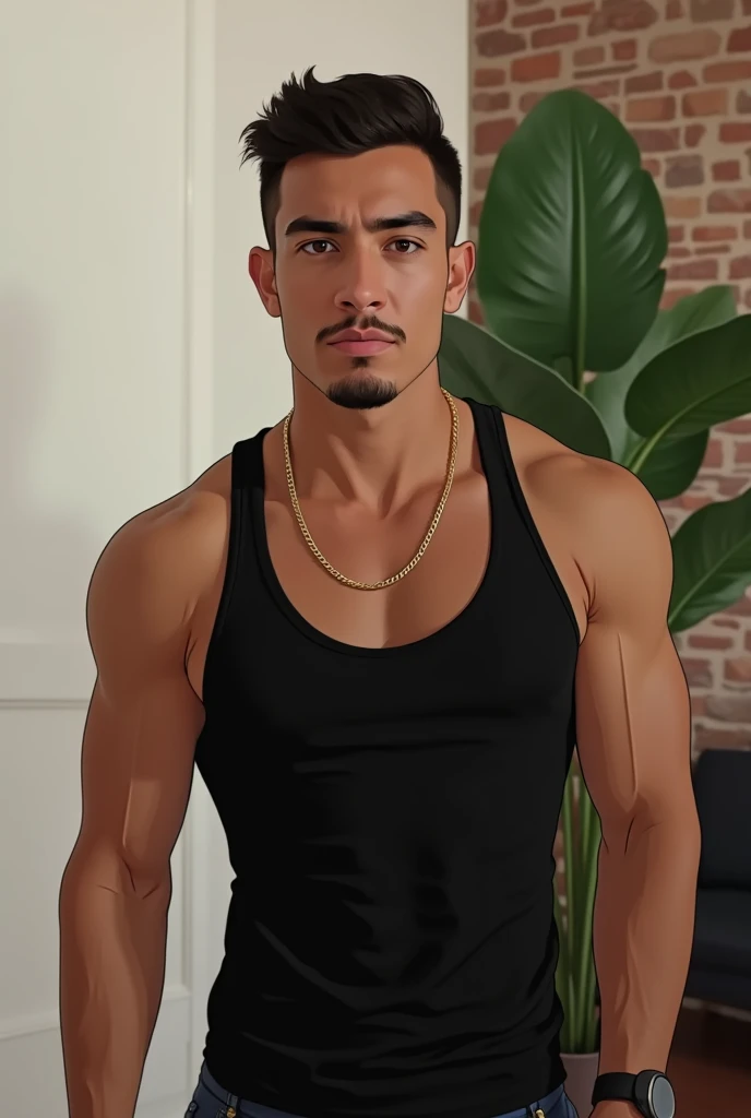 Realistic AI design High quality imvu drawing a young muscular man light skin with beard small thin with tattoo “ruy” and other tattoo background room