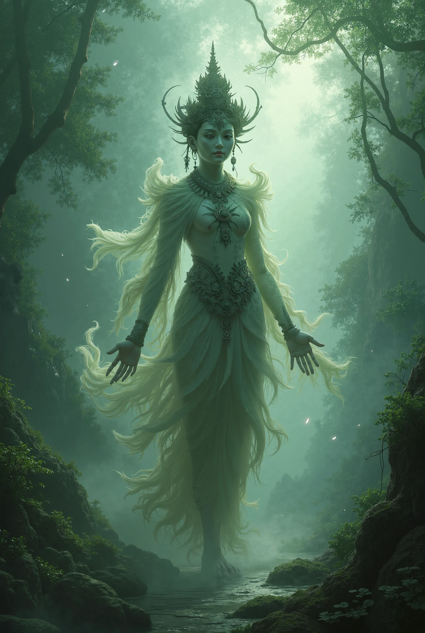 Arafed woman in a white dress walking through a forest - SeaArt AI