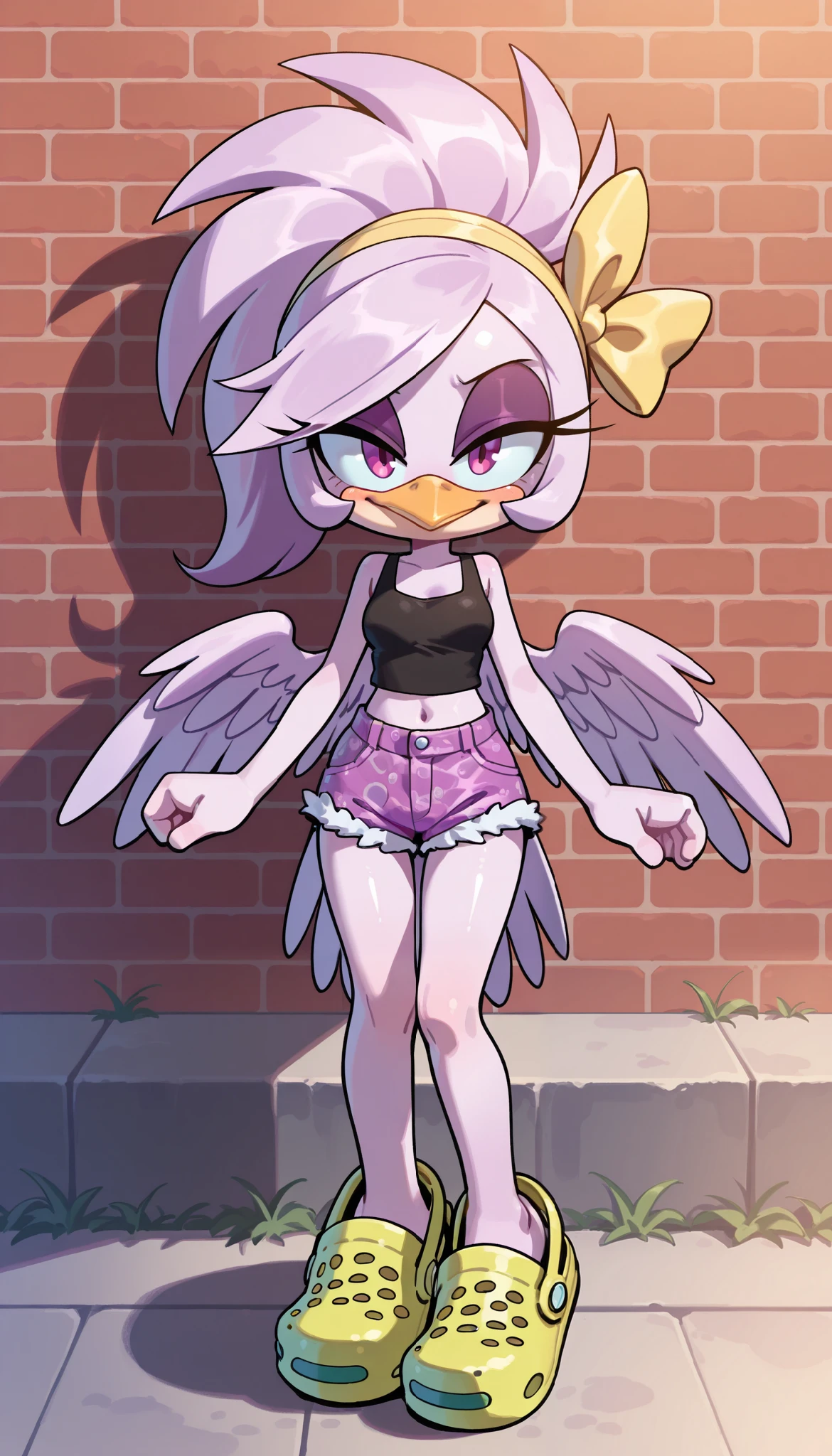 score_9, score_8_up, score_7_up, 1girl, solo, masterpiece, best quality, amazing quality, very aesthetic, absurdres, source furry, mobian bird, magenta eyes, light purple body fur, magenta hair, punk hairstyle, long side hair, messy spiky ponytail, looking at viewer, smile, oily skin, eyeshadows, bird beak, (short body, tiny body), big head, closeup, ((yellow hairband with bow, black tank top, midriff, lilac shorts, crocs shors)), full body, small breasts, bird features, bird tail, lilac feathered wings, street on background, standing,