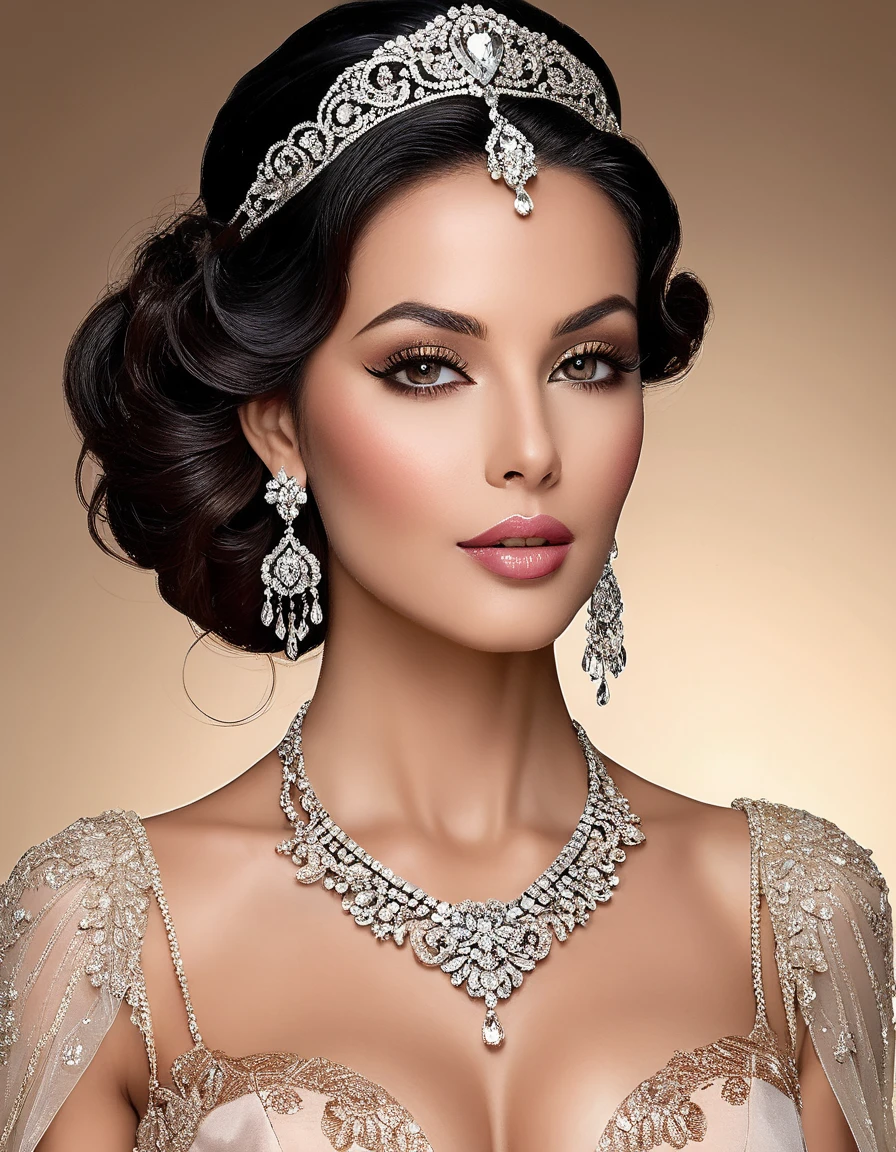 Lebanese lady, diamond dangling earrings, necklace, bracelets, small breasts, 40 years old, smokey eyes, cleavages, red lips, innocent face, wedding fashion ball gown, stylish hairstyle, posing, modeling, portrait