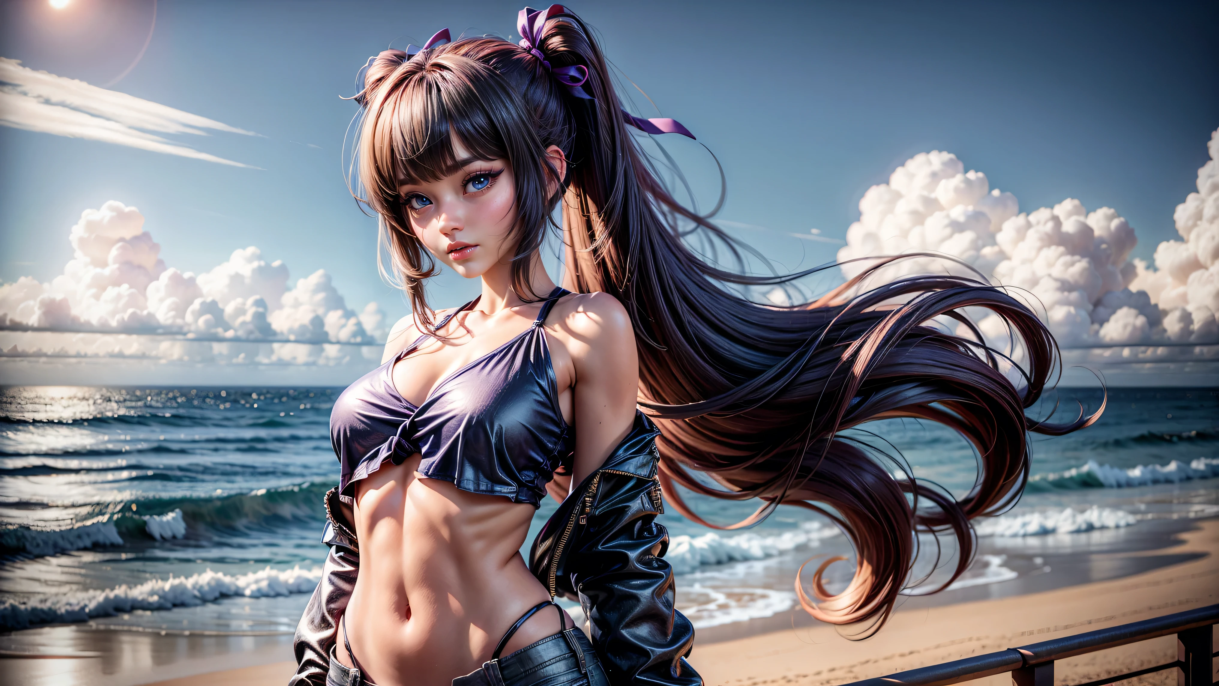 1girl, solo, cute girl, long hair, loose top, midriff, ((top loosely draped over her breasts)), underboob, looking at viewer, sexy, pants low on hips, ((unbuttoned pants)), cowboy shot, (full body portrait), beautiful lips, sexy mouth, ribbon, hair ribbon, bangs, upper body, blue eyed, bangs, ribbon, twin tails, piercings, sky background, intercity background,