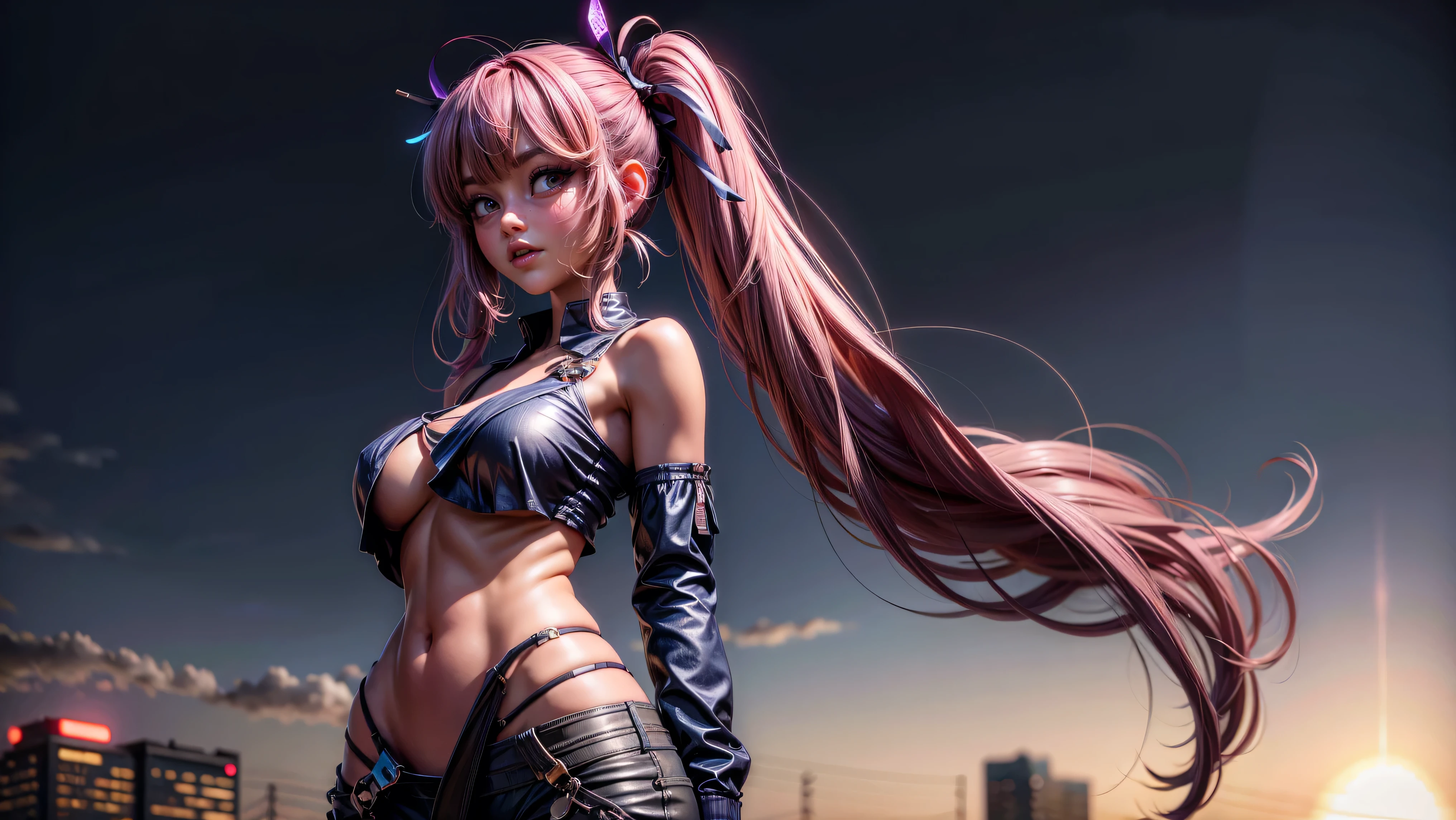 1girl, solo, cute girl, long hair, loose top, midriff, ((top loosely draped over her breasts)), underboob, looking at viewer, sexy, pants low on hips, ((unbuttoned pants)), cowboy shot, (full body portrait), beautiful lips, sexy mouth, ribbon, hair ribbon, bangs, upper body, blue eyed, bangs, ribbon, twin tails, piercings, sci-fi background, sci-fi city background,