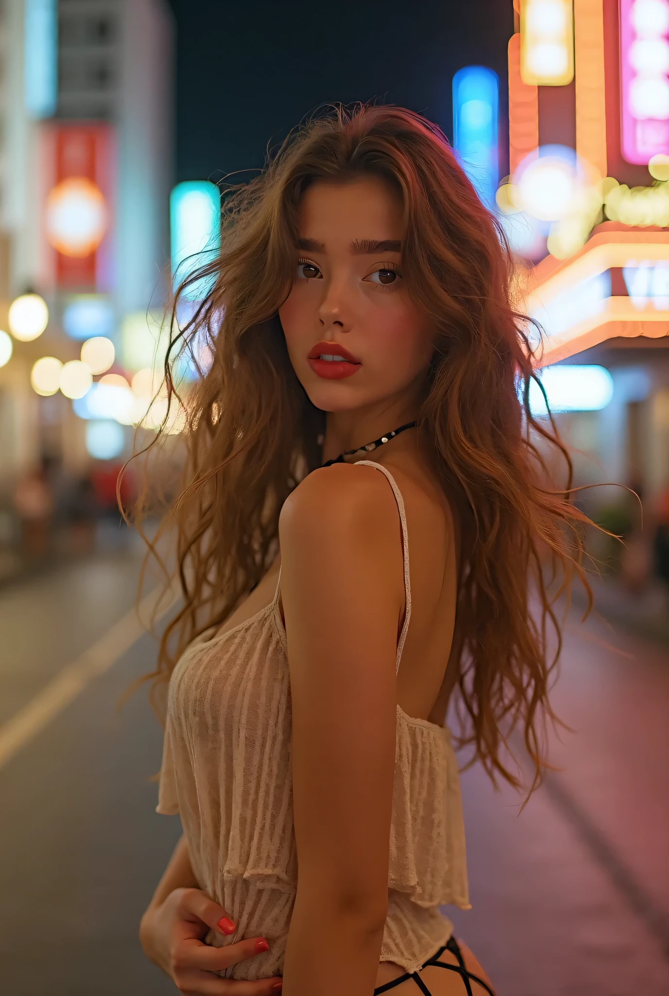 (long range:1.3), (full body:2.0), male gaze, erotic glamour photograph, (erotic pose), (Las Vegas strip scenery:1.5), (Las Vegas strip at night:1.5), street level, intricate background, highly detailed background, ((very detailed)), beautiful girl, age from 23 to 28 years, Full face photo , with light eyes , with long wavy hair on her shoulders, beautiful breasts, beautiful and detailed face , cute smile , Miranda Angelical , Beautiful legs , great detail of body and face in a sensual and erotic pose, stunningly beautiful girl with super huge breasts, red lips, long loose hair, sensual, David Hamilton, Russell James, Amber Asaly, ((very detailed)), (volumetric lighting:1.2), dark theme blank background, vivid colors, Sony Alpha 7 IV camera, 85mm lens, 32K UHD, ultra high resolution digital image, (smooth digital image), highly detailed, shallow DOF, Russ Meyer huge breast exploitation style