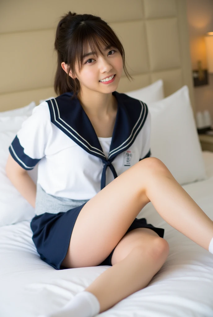 Cute school girl Sitting smile photograph whole body bed Highest quality
