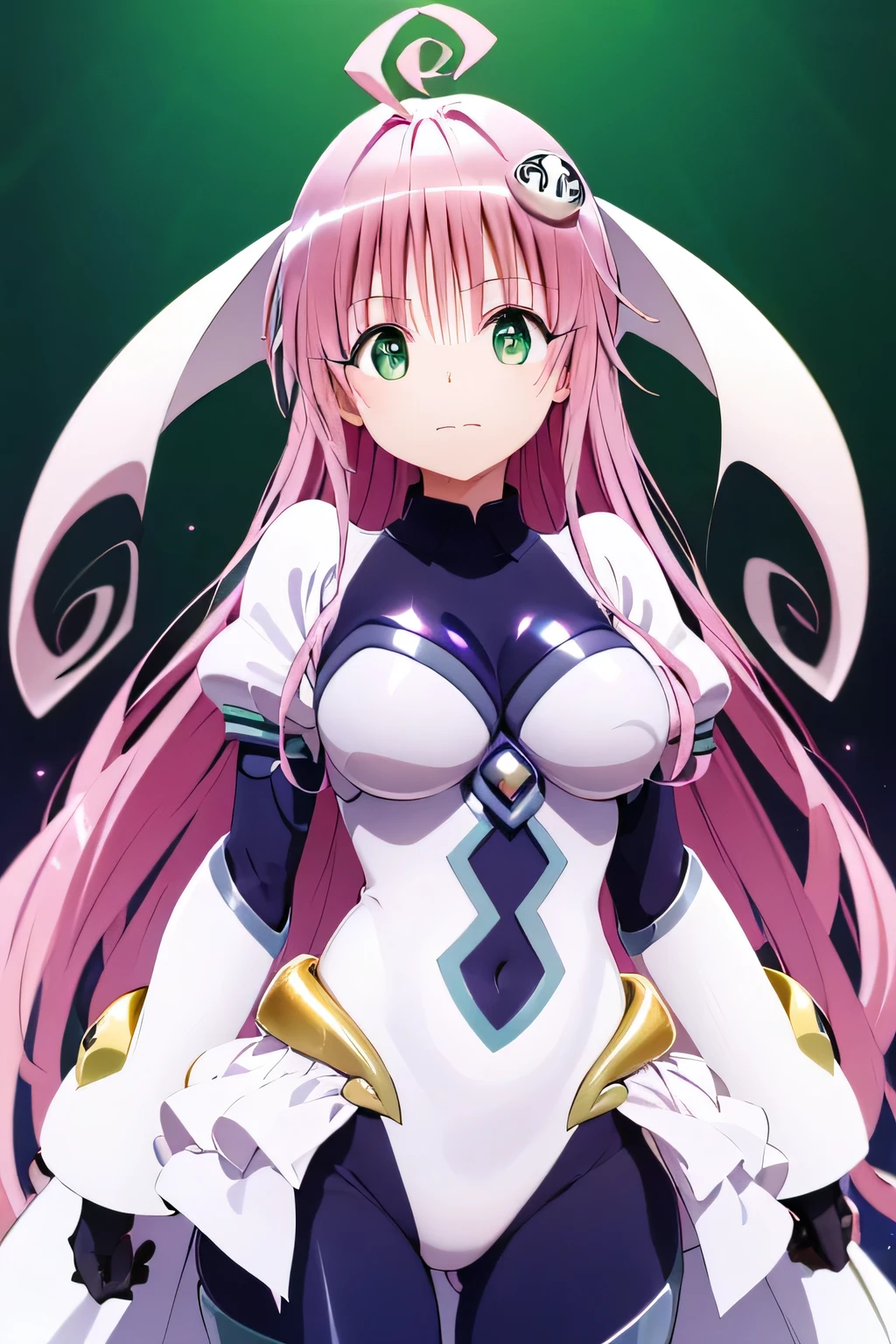 top quality, highest resolution,(((white bodysuit with metallic sheen shiny pink hair shiny skin green eyes girl)))