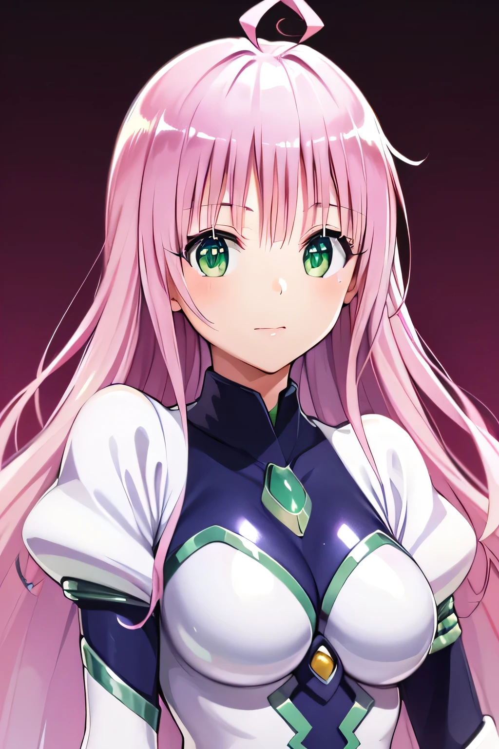 top quality, highest resolution,(((white bodysuit with metallic sheen shiny pink hair shiny skin green eyes girl)))