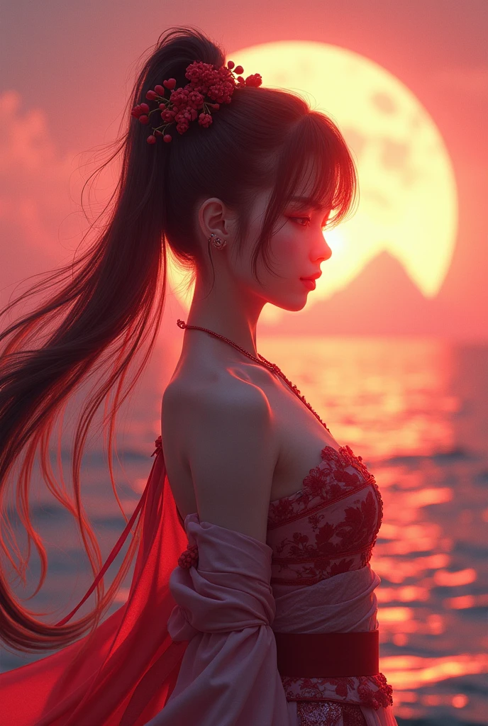 Sexy goddess,The facial features are extremely beautiful,body shape is slim,Red long-haired,Bigchest,long leges,Lie in the flowers,artistic pose,Background with,a volcano erupts,War scenes,air raid,missile,Strange sky,Singular clouds,Close-up behind the sun