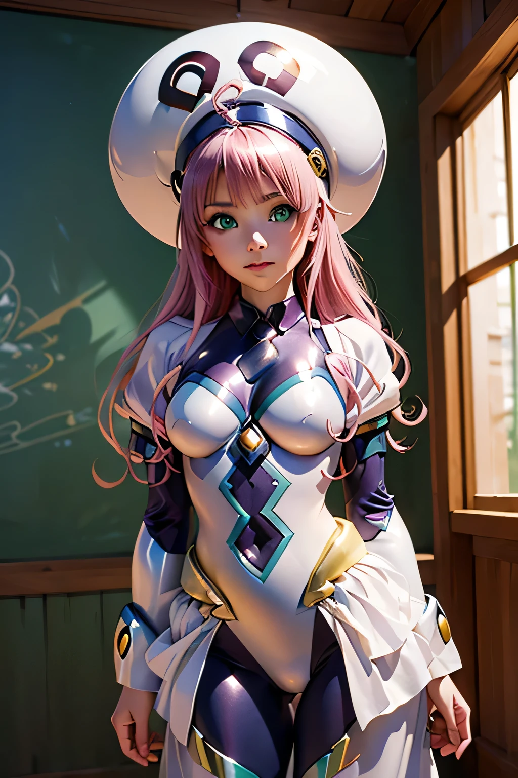 top quality, highest resolution,(((white bodysuit with metallic sheen shiny pink hair shiny skin green eyes girl hat)))