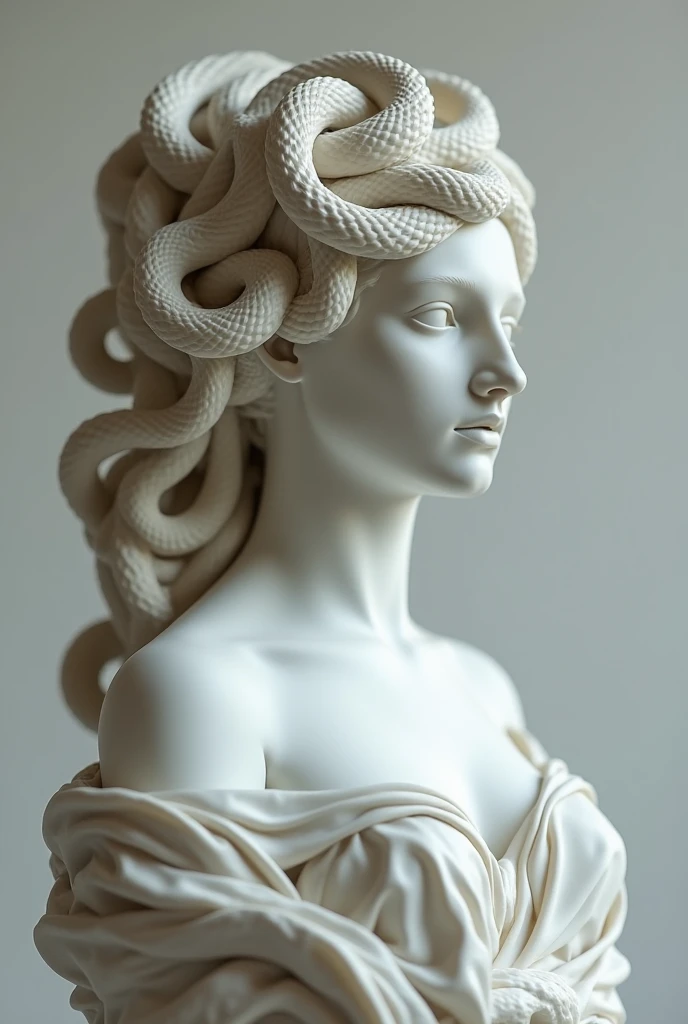 high details elegant young 13 year old beautiful medusa marble statue, beautiful!!!!!! face, serious!!!!! face, very long full wavy hair, long legs, soft!!!! gentle pose, rear view!!!!