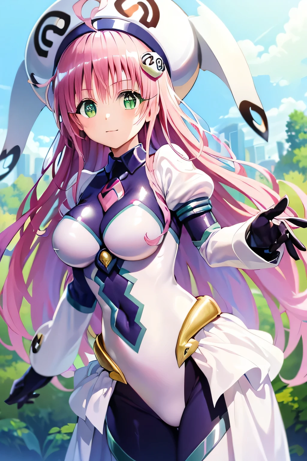 top quality, highest resolution,(((white bodysuit with metallic sheen shiny pink hair shiny skin green eyes girl hat)))