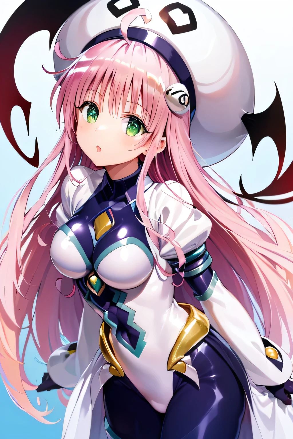  top quality, highest resolution,(((white bodysuit with metallic sheen　shiny pink hair　 shiny skin　 green eyes　 girl　hat)))
