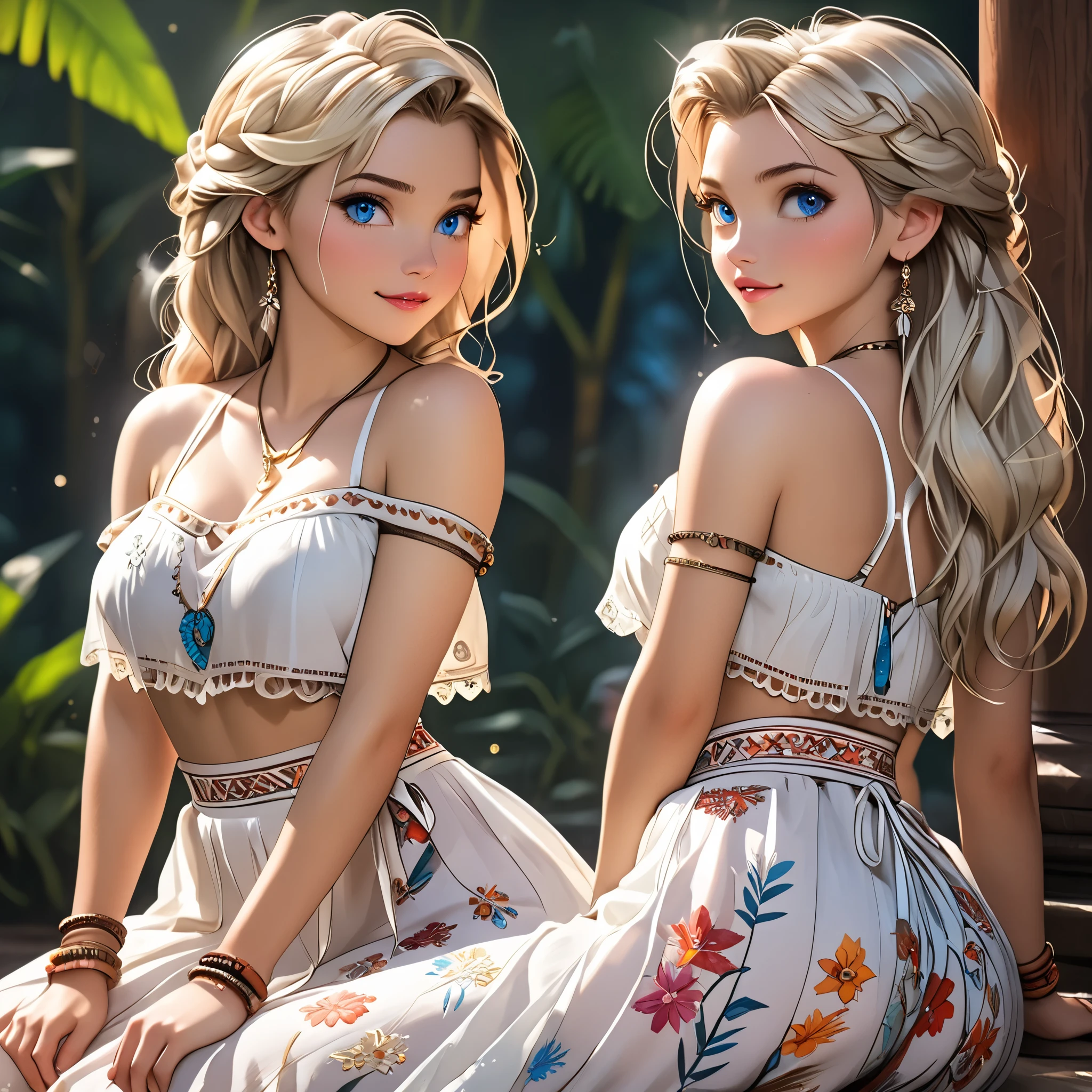 (beautiful girl:1.3),1girl,masterpiece,Highest quality,Ultra-high resolution,rich contrast,super high quality,8k,Highly detailed CG unit wallpaper,texture,Incredibly absurd,Ultra-high resolution,Highest quality anime,professional photograph,an extremely delicate and beautiful,RAW Photos,Depth of Field 1.2,ultra-detailed eyes,Glitter Effect,Beautiful glossy lips, 25years old, gorgeous legs, noise perfect, gorgeous ass, 1girl, gorgeous ass, dynamic pose, sensual woman, seductive woman, mature woman, Milf, maternal, shy look, full body, elsa, princess elsa from frozen, Her hair is platinum blonde, her hair is braided and reaches her waist, pink lips, blue eyes, (type of photo: medium shot, portraying the person from head to waist), Conjunto Boho (Aventura y Libertad) Boho Set (Adventure and Freedom): Top: Sleeveless linen blouse in terracotta tone with floral embroidery in white thread, with a "V" shaped neckline and thin straps. Bottom: Long skirt with a wrap-around cut, with a multicolor ethnic print in warm tones (red, orange and yellow). The skirt has a lace fringe at the bottom edge. Shoes: Brown leather sandals with thin straps and beaded details. Accessories: Wooden bracelets, silver rings and a straw bag with leather details.