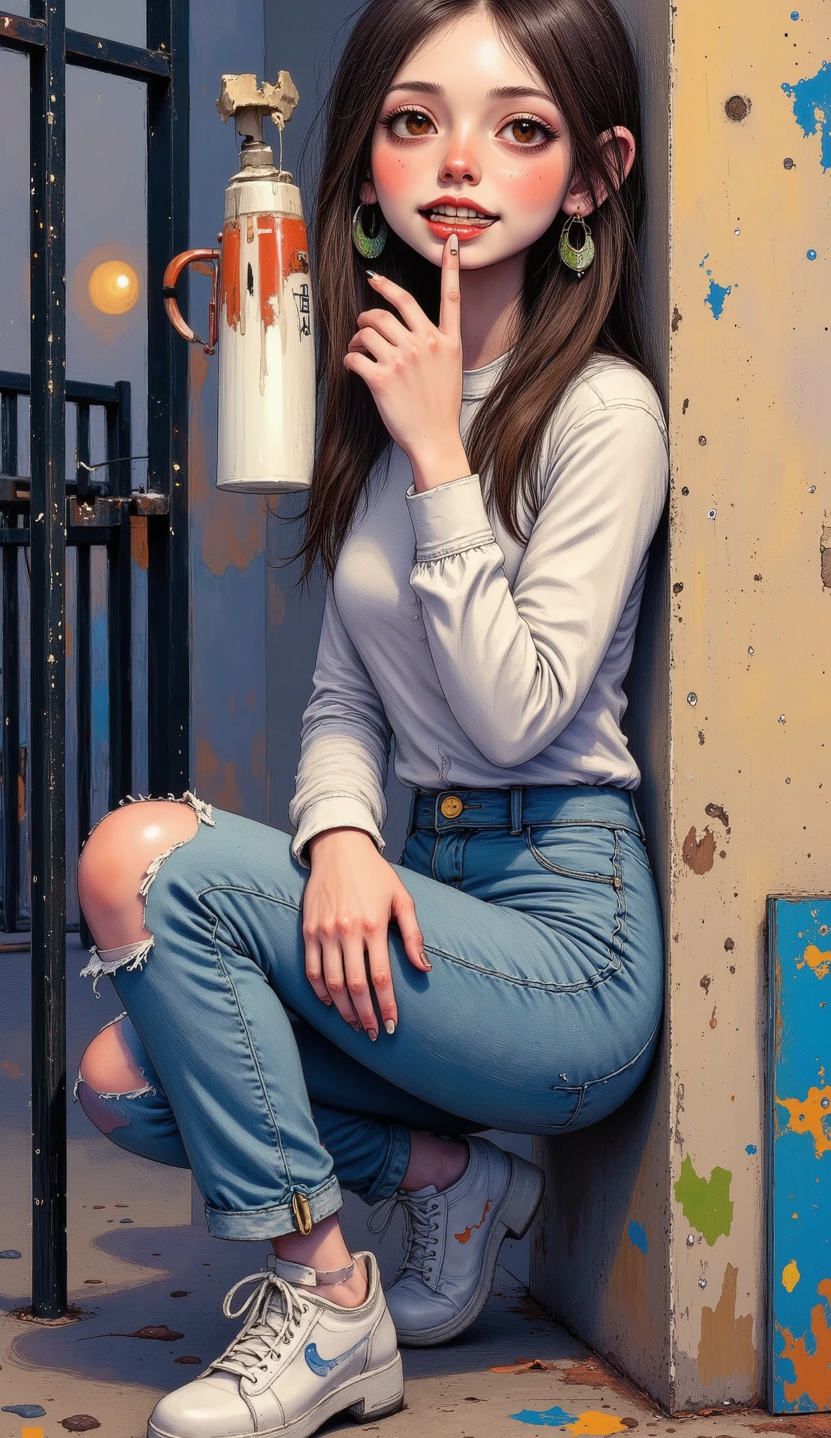 , A woman from Rafa from the anime wearing a white shirt and torn blue jeans , She wears a wool hat , long brown hair, he puts a hand to his mouth , sensual smile looks at the camera , is crouching down holding onto a railing , Leaning against a fence , a portrait of Lambert Doomer , instagram , Fine Arts, pose casually , attractive pose, pose sexy, He wears street clothes , baggy jeans, pose genial, side posture, Julia Razumova style , casual photography, with a cool pose, thin waist and wide hips