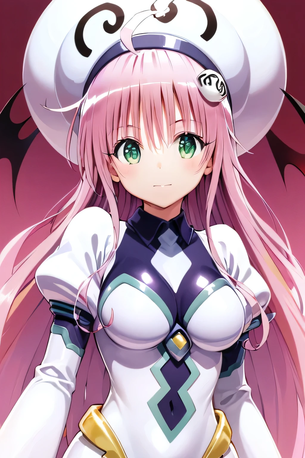 top quality, highest resolution,(((white bodysuit with metallic sheen shiny pink hair shiny skin green eyes girl hat)))